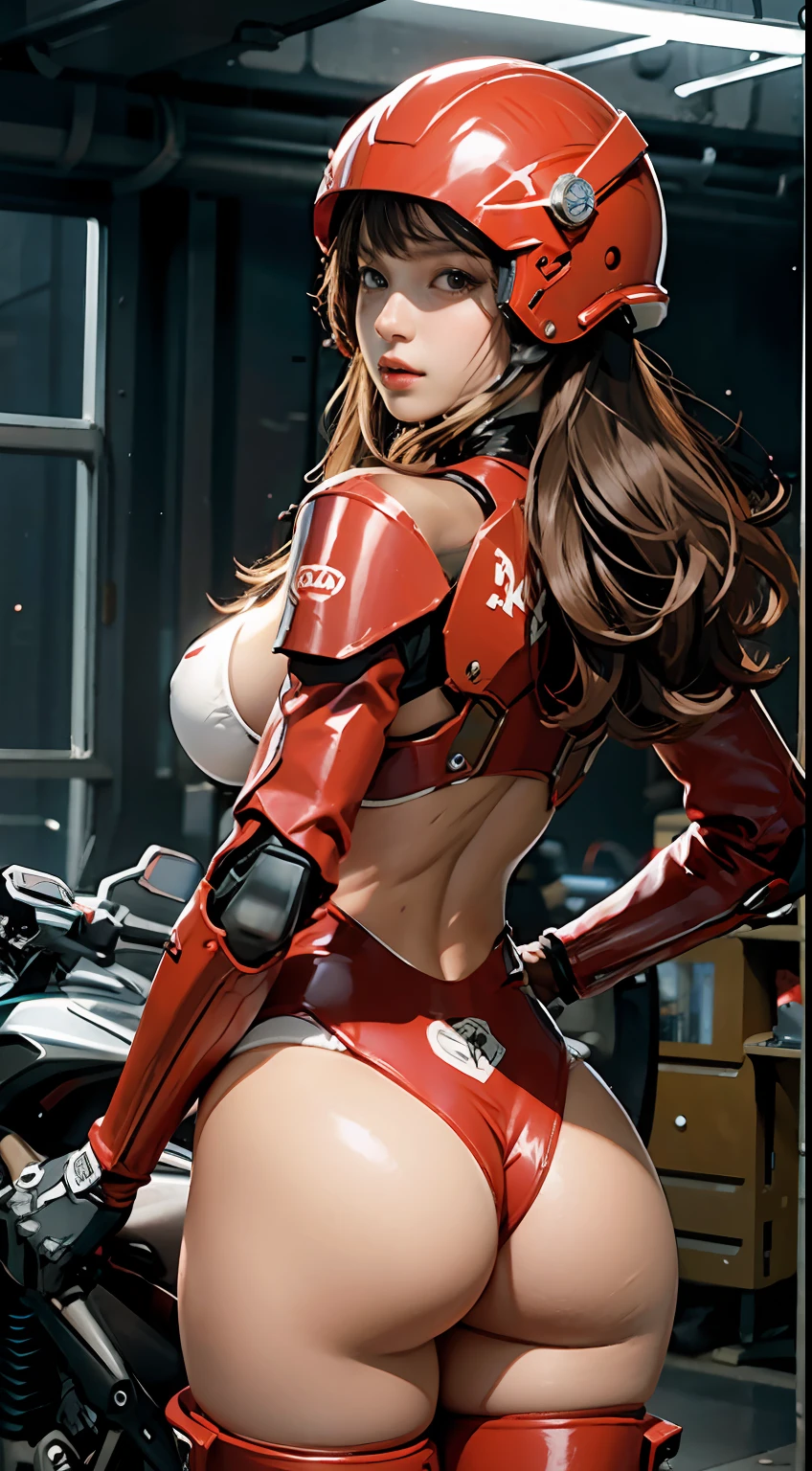 Highest image quality, outstanding details, ultra-high resolution, (realism: 1.4), the best illustration, favor details, highly condensed 1girl, with a delicate and beautiful face,big breast, topless, ,big cleverage, dressed in a red and white mecha, wearing a mecha helmet, no panties, no underware, back view, holding a directional controller, riding on a motorcycle, the background is a high-tech lighting scene of the future city.