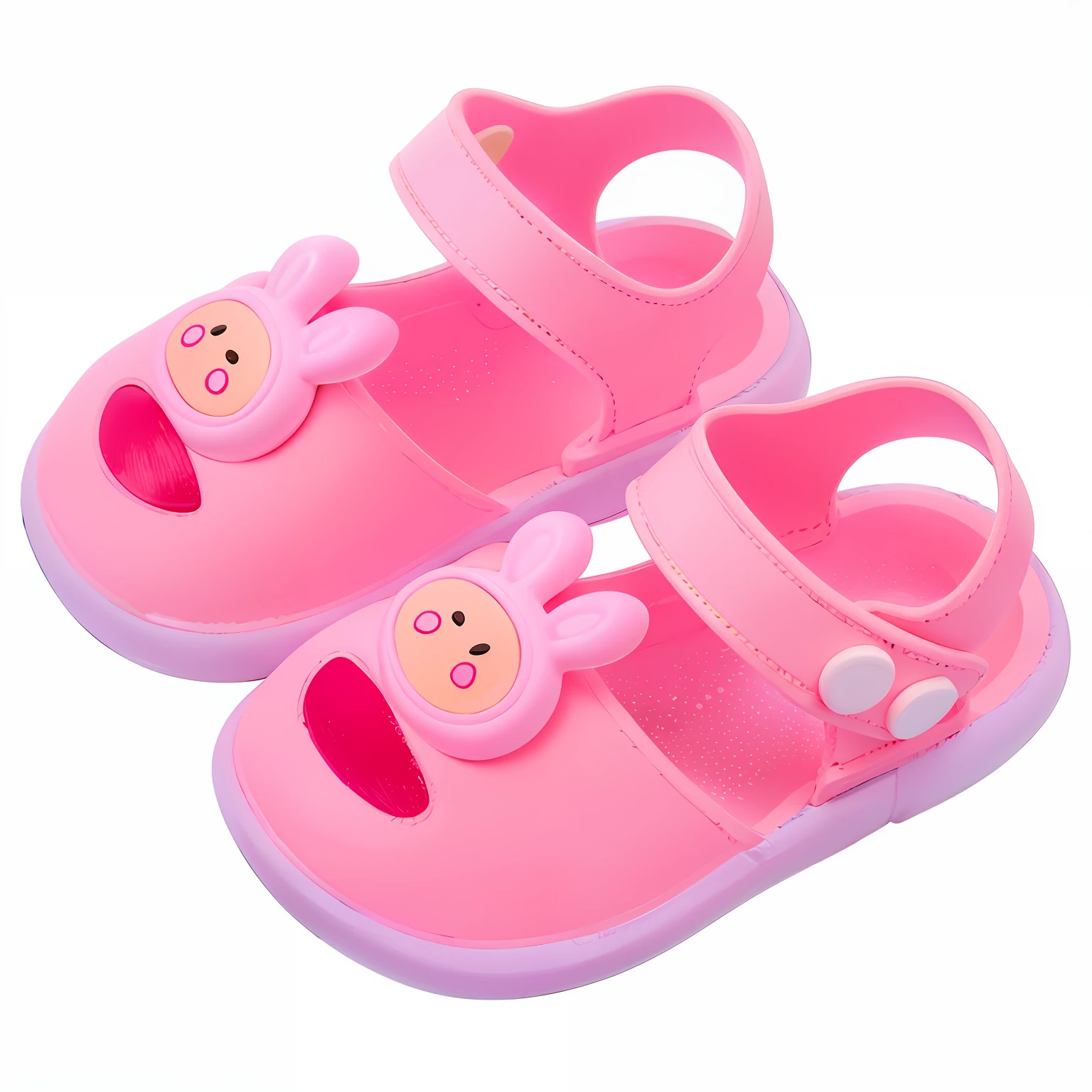 Small baby wears pink sandals，There are pink bows and pink bears on the sides, Gamine, toddlers, Pink shoes, sandals, wearing pink flip flops, ???, 3 colour, very cute features, Cartoon Cute, Cute, of peppa pig, Cute features, of peppa pig, cute cute, slippers, cute colorful adorable, Children, ƒ5.6, insanely cute