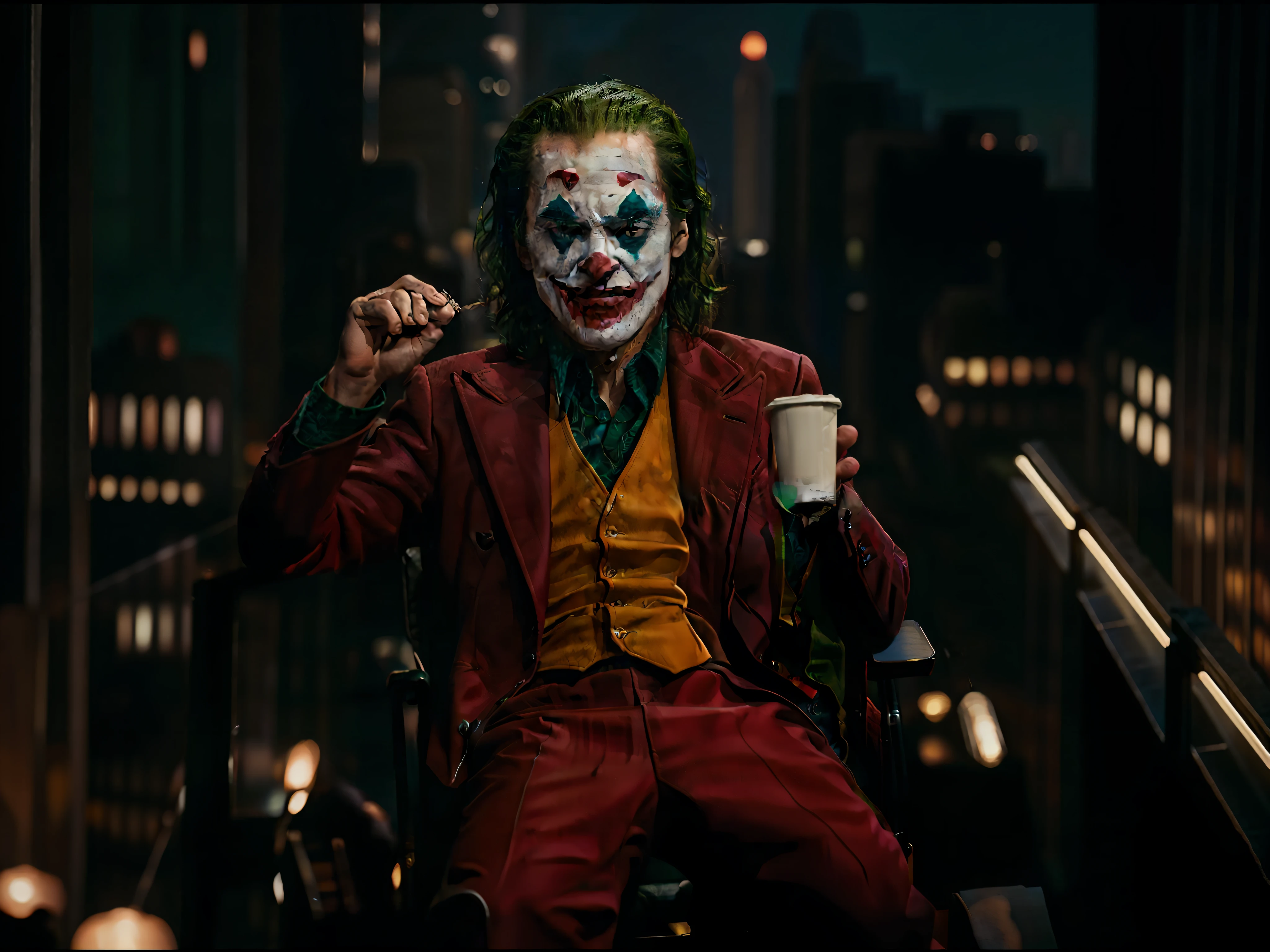 The joker camping on the top of building in city, drinking coffee, sitting in chair, evening, Top-down view, Building lights, realistic, Cinematic