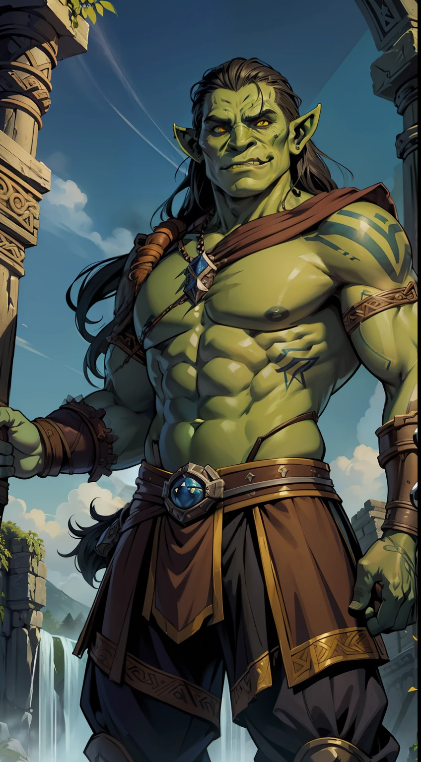 (papel de parede 8k extremamente detalhado:1.2), (melhor qualidade:1.2), (tema aventura e fantasia), perfil (personagem de Paizo Pathfinder RPG e Dungeons & Dragons), ((((1orc man)))), jovem, muito bonito, foco afiado, (subsurface scatter:1.1), fotografia premiada, ((Nordic Bard Class :1.3)), ((tiro de meio corpo:1.1)), rosto centrado, expression serious, runic tattoos, pele branca, sardas no rosto, cabelo moicano castanho escuro, olhos azuis:1.2, sorrindo, wearing Nordic bardic armor, (before mystical ruins l:1.3), (fundo muito detalhado:1.2), lighting dramatic