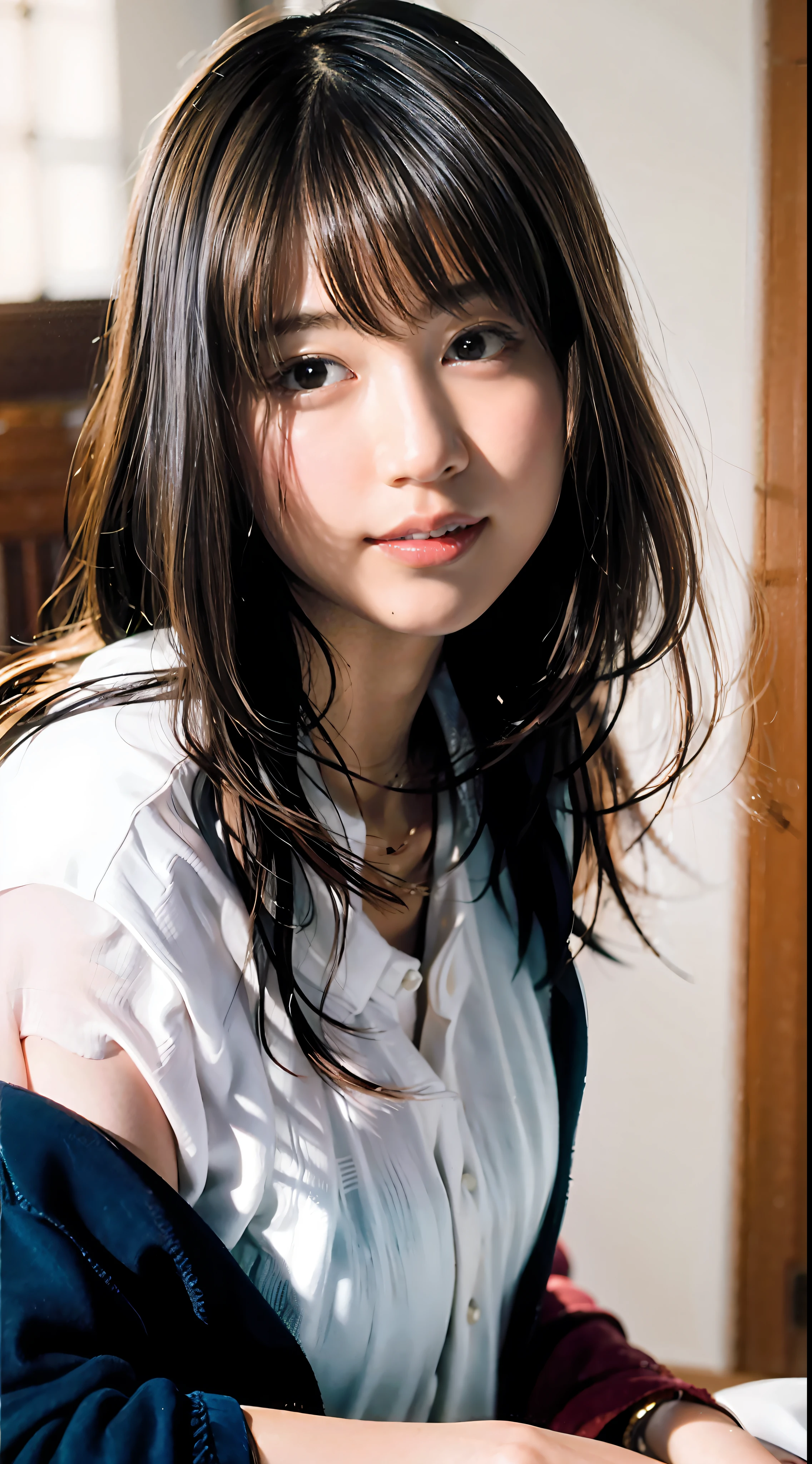 (8K, RAW photo, Best quality, Masterpiece:1.2), (Photorealistic:1.6), (Masterpiece),(Best quality:1.0), (超高分辨率:1.0), Detailed, 40yo girl , Solo , detailed beautiful skin, Detailed room, ,Realistic skin , Medium breasts, Best quality, 超高分辨率, Cute, Long hair , Smile, , White shirt, , sitting on bed, 比基尼