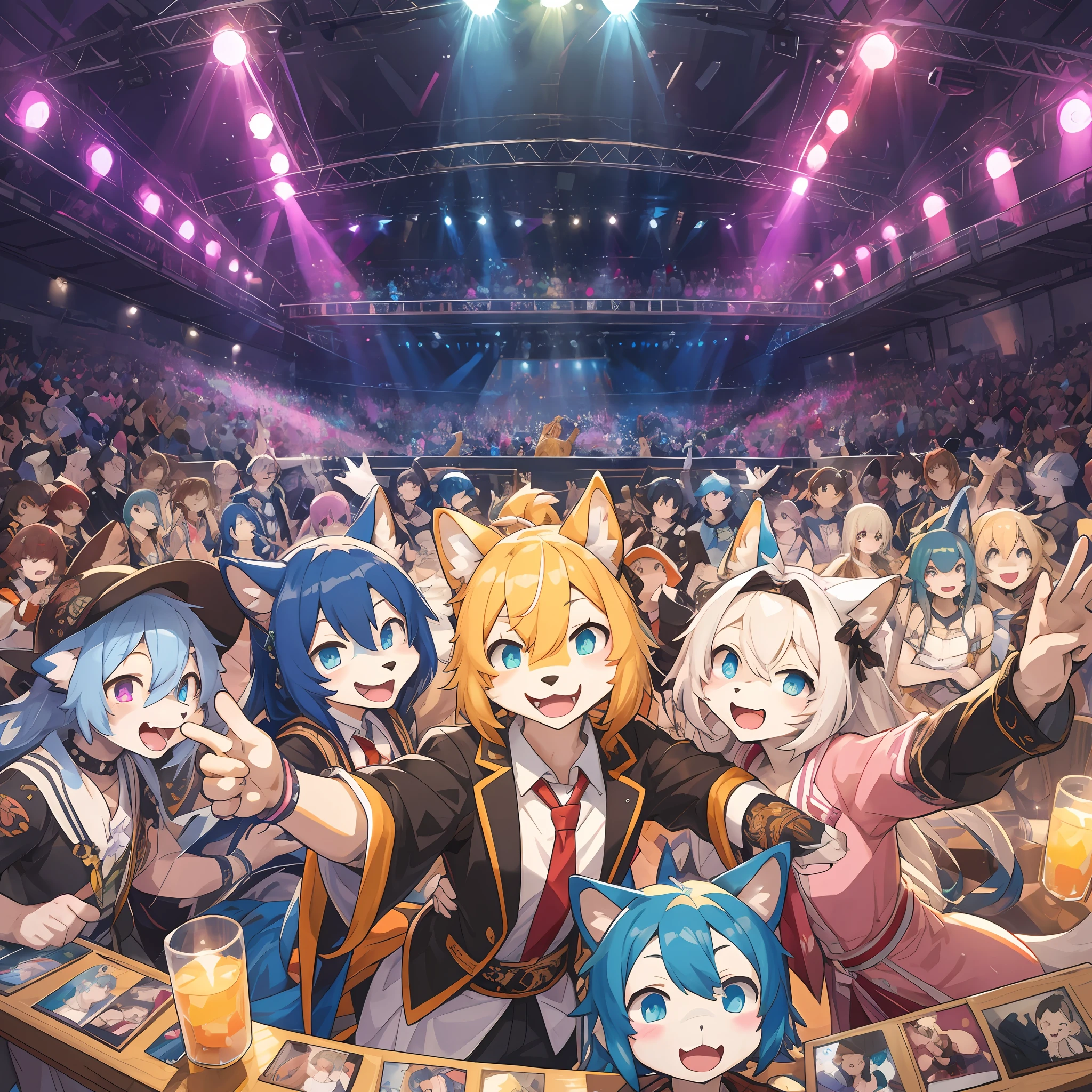 top quality, best quality, High-quality illustrations, masterpiece, super high resolution, detailed background, detailed background, Idol concerts, Packed venue, stage, penlight, group shot:0.5, 6+boys, 6+girls, Happy, joyful, absurdres(highly detailed beautiful face and eyes)perfect anatomy(Photos taken with friends)(kemono, furry anthro)selfie:0.5,
