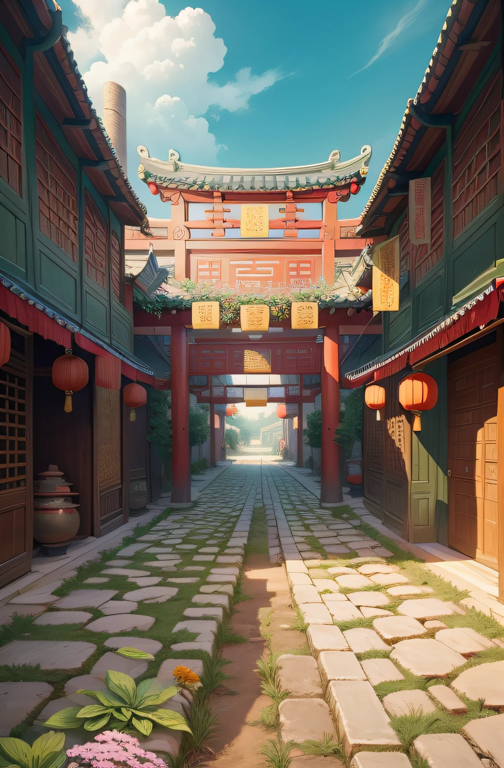 Tang Dynasty streets，Chinese Ancient Times，A lot of ancient people shopping，rich details​，in the style of Hayao Miyazaki，Cartoon anime，real photograph，rich greenery，flowers blooming，potted，Clear white clouds and blue sky