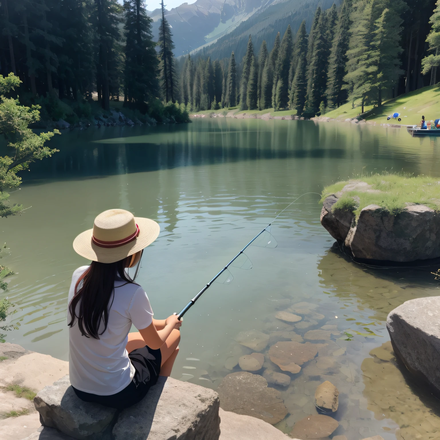 Alafi sits on a rock by the lake,Hold a fishing rod, sitting at a pond, sentado em frente a um lago, Fishing, is playing happily, people angling at the edge, Lake environment, sittinng on the river, photo taken with provia, Colorado, is playing happily, mirror lake, on the lake, gazing at the water