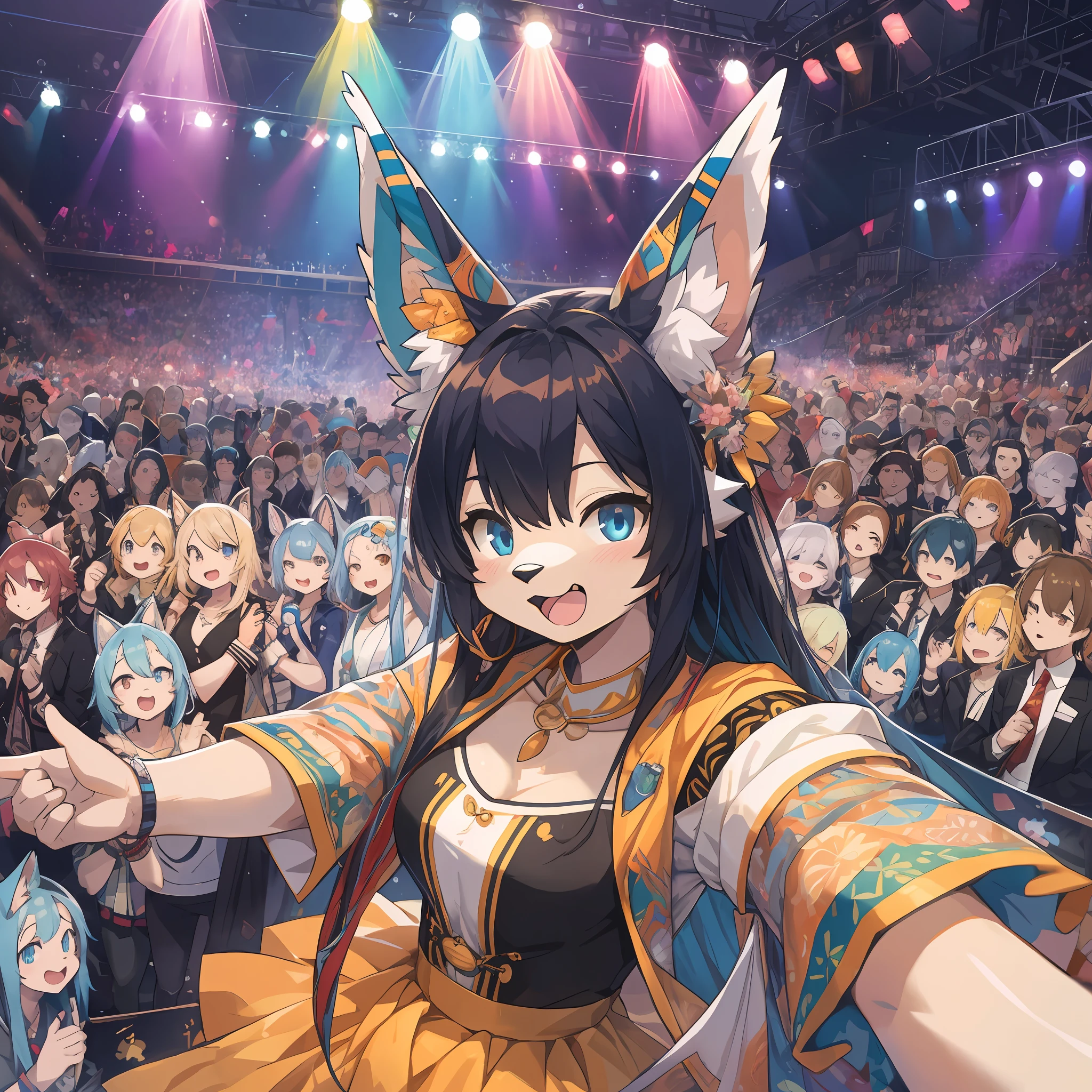 top quality, best quality, High-quality illustrations, masterpiece, super high resolution, detailed background, detailed background, Idol concerts, Packed venue, stage, penlight, group shot:0.5, 6+boys, 6+girls, Happy, joyful, absurdres(highly detailed beautiful face and eyes)perfect anatomy(Photos taken with friends)(kemono, furry anthro)selfie:0.5,