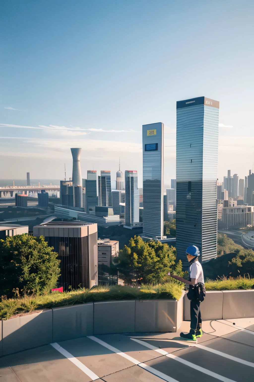 topic: "Shanghai has fully opened industrial and commercial energy storage" - AI illustration design description: In this illustration,This illustration is set in downtown Shanghai,It presents a busy city scene。High-rise buildings and modern transportation facilities form the pride of the city。The sun shines warm sunlight,It symbolizes hope and energy。In the foreground of the picture,Present a modern industrial and commercial energy storage scenario。Energy storage facilities stand tall in the city center,Surrounded by greenery,Created green、Sustainable environment。The roof is covered with solar panels and wind turbines,Towering,Capturing natural energy。ao mesmo tempo,Battery packs and energy storage devices store energy safely and efficiently,Provide continuous impetus for the development of the city。At the bottom of the screen,The image of the worker was added,Wear labor clothing,Hold a wrench and battery in hand,It reflects their working attitude of actively participating in and promoting energy storage technology。Through bright and vivid colors,Highlight modernization、The theme of environmental protection and sustainable development。 Painting elements: -style: Ultra-realistic painting - resolution: 8K - Theme element: -topic: Shanghai area fully opens industrial and commercial energy storage - prospects: High-rise - lighting: Cinema-grade lighting,Create dramatic light and shadow effects Reference link: trendincon artstation, 4K, hyperrealistic, high details, unreal engine 5, cinematic