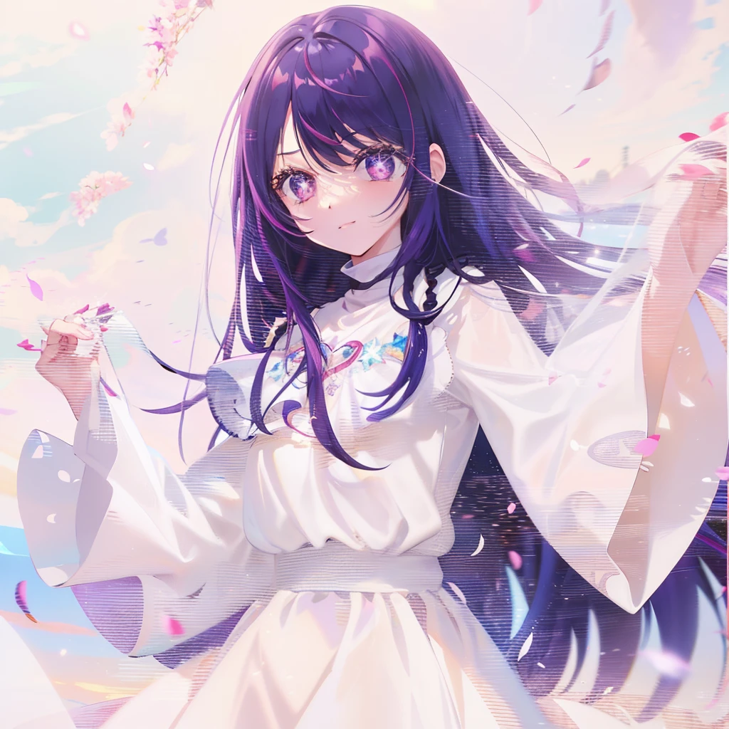 La mejor calidad, obra maestra, 2d, obra maestra, La mejor calidad, anime, Altamente detallado, Disparo de vaquero, vestido blanco, sin mangas, 1girl, solamente, mirando al espectador, They are smiling, flequillo, Star symbol-shaped pupils, ojos hiperdetallados, pecho mediano, purple hair, purple eyes, Star symbol-shaped pupils, heart shaped pupils,((Campo de flores)), ((Flowers with the last details)), Campos de flores al atardecer, (florecer), (brillar), estrellas brillantes, pluma, naturaleza,(luz del sol),8k