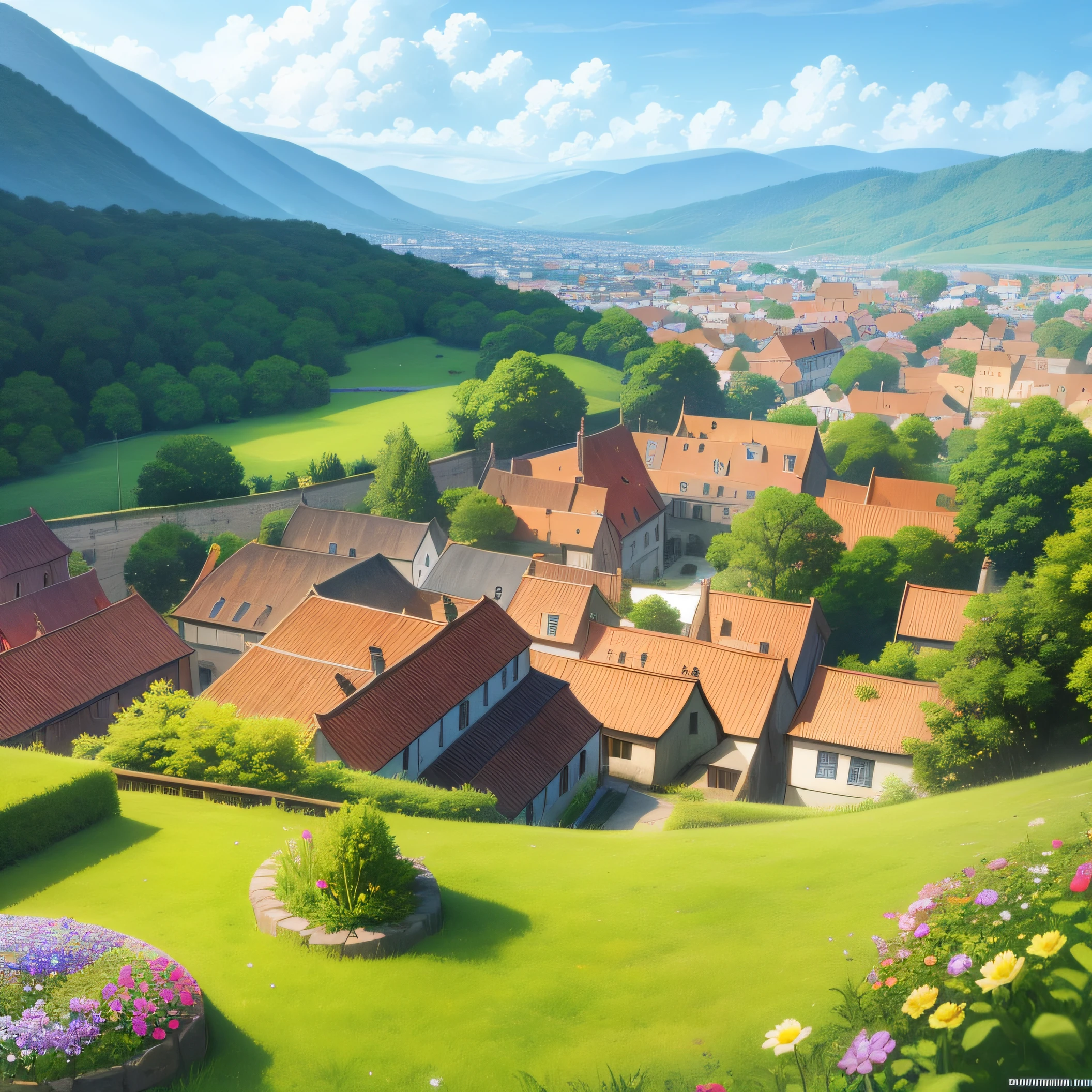 medieval town,Faraway view,The plants are luxuriant,Flowers bloom,rainy days,There are no clouds,rained,Sateen