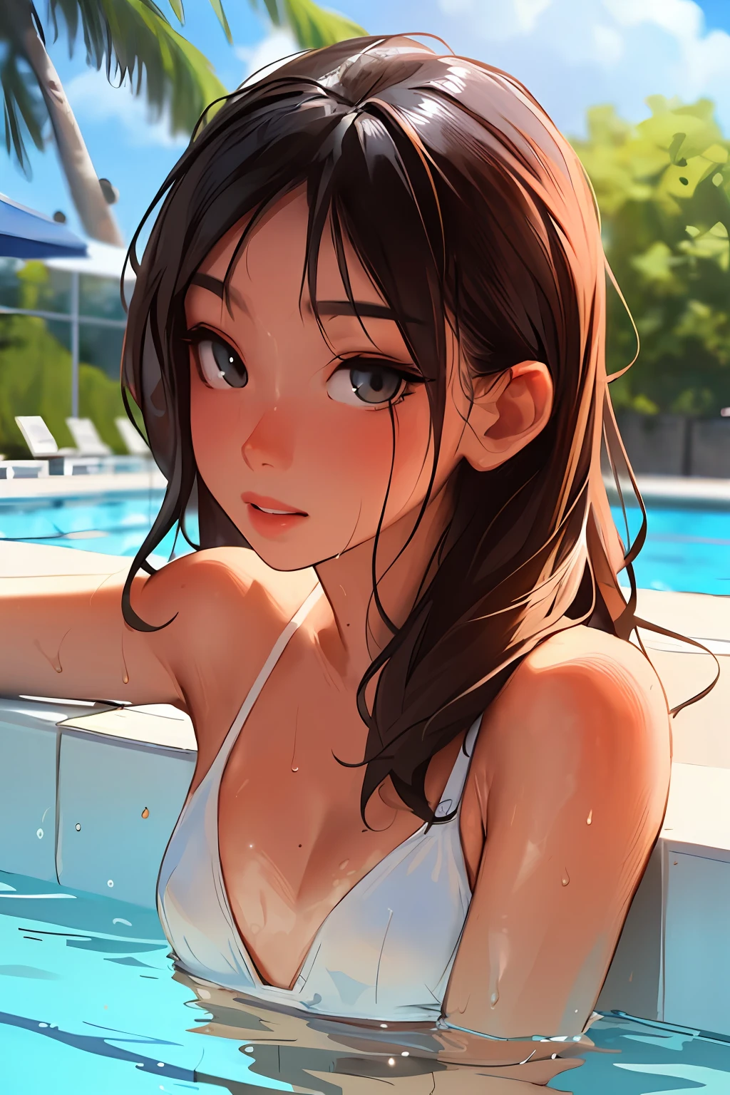 beautiful, lighting, masterpiece, best quality, 1girl, solo, sam yang, swimmer, bikini, stylish bikini, small breast, cleavage, tan line, portrait shot, looking at viewer, detailed face, detailed eyes, detailed hair, partially submerged, outdoor pool, wet skin, wet hair, high quality water, HD, 4k, ultra setting