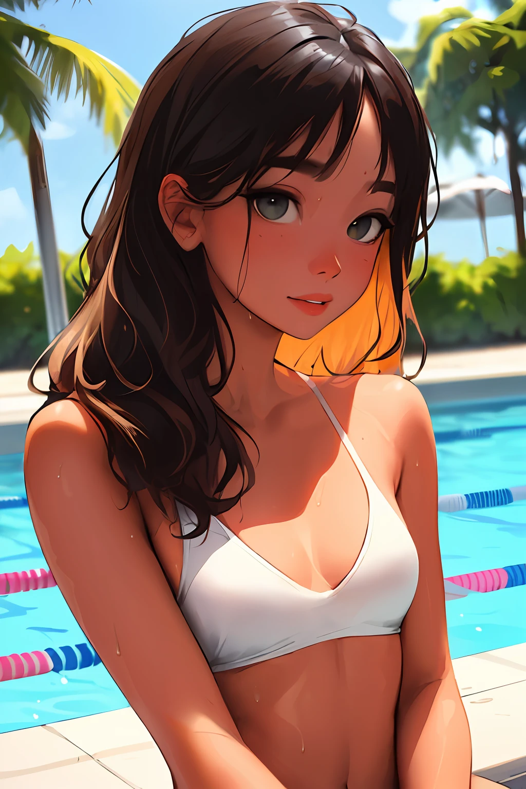beautiful, lighting, masterpiece, best quality, 1girl, solo, sam yang, swimmer, bikini, stylish bikini, small breast, cleavage, tan line, portrait shot, looking at viewer, detailed face, detailed eyes, detailed hair, partially submerged, outdoor pool, wet skin, wet hair, high quality water, HD, 4k, ultra setting