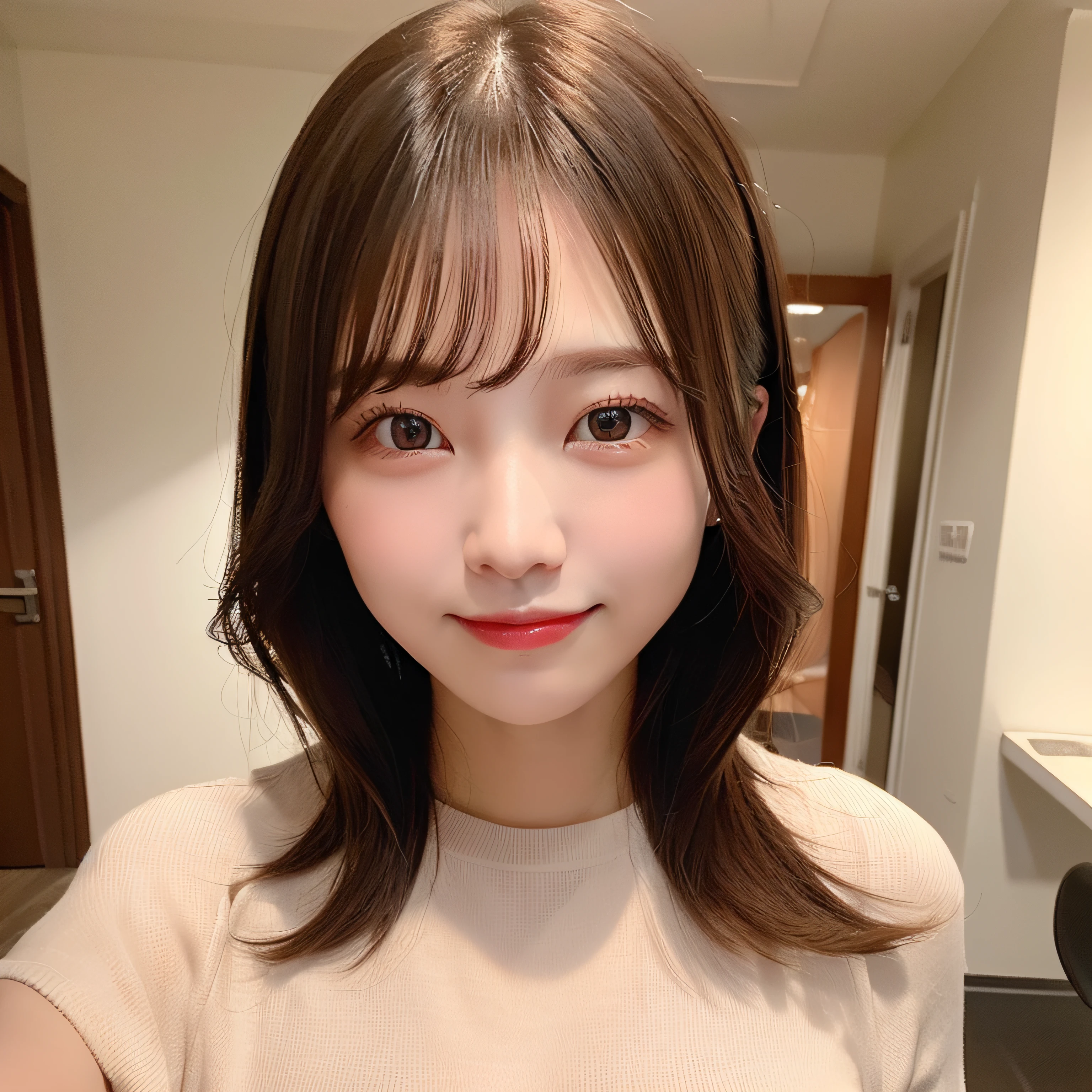 (8K、RAW Photography、top-quality、masterpiece:1.2)、(reallistic、Photorealsitic:1.37)、femele,frontage, (realisticlying:1.5),Whole face,inside in room、Brown eyes、a smile