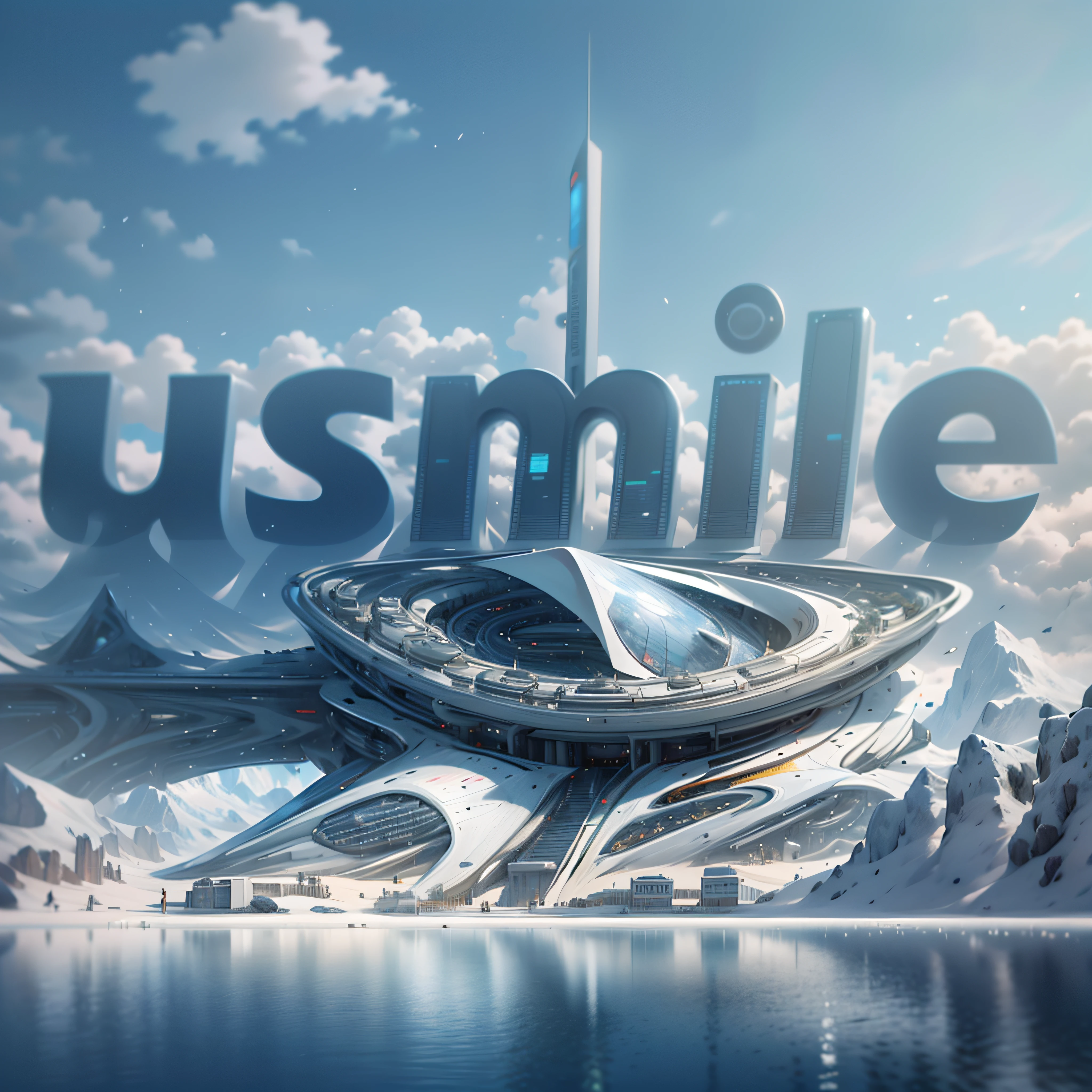 futuristic building,(Masterpiece),(high high quality),Best quality,Real,(Realistic),ultra - detailed,(fulldetail),(4K),8K, scenery, sky, glass, Outdoors, day, White Building, Shot from the water, blue-sky, Reflection,low angle shot,Reflected light from the surface of the water,Contre-Jour,Canon camera,wide wide shot