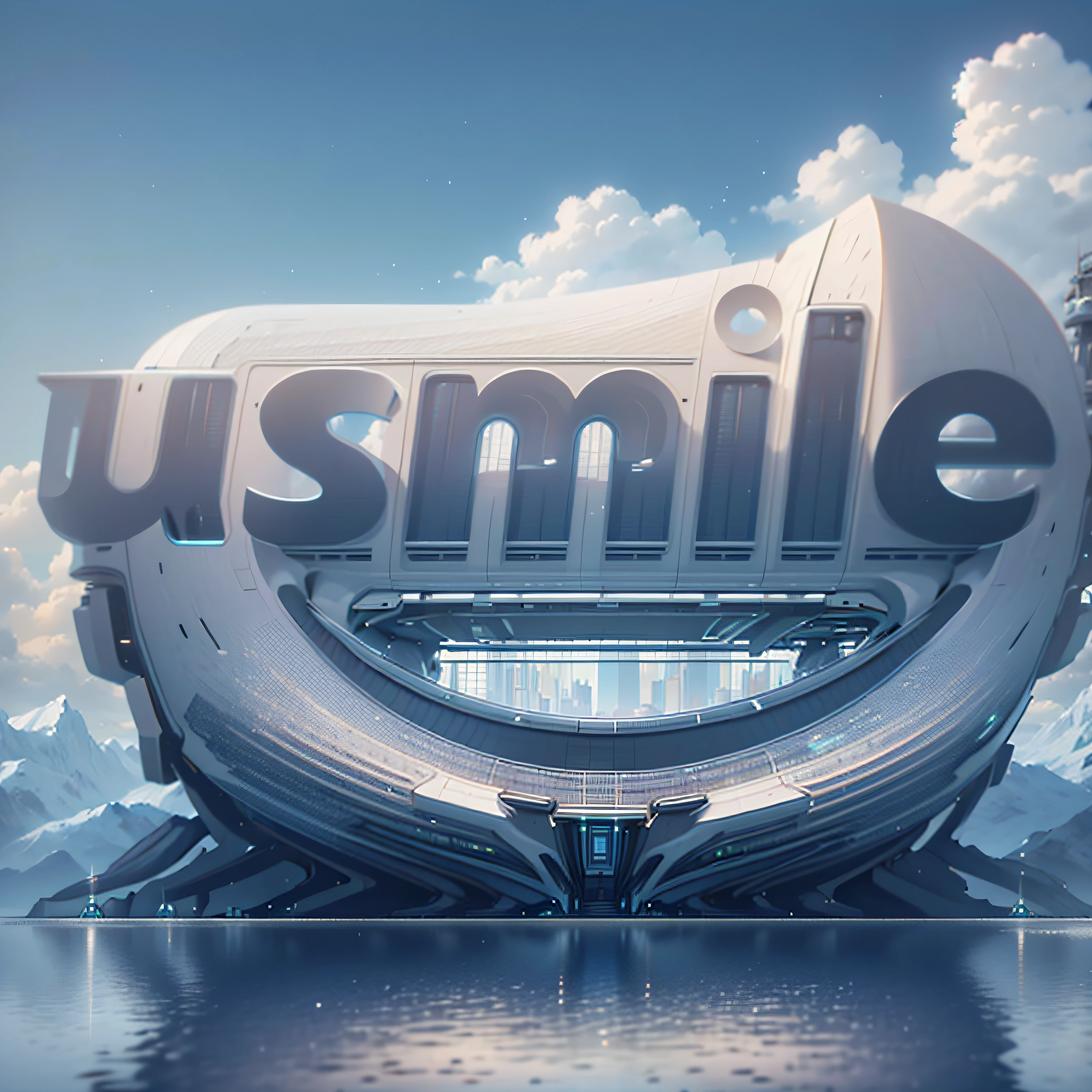 futuristic building,(Masterpiece),(high high quality),Best quality,Real,(Realistic),ultra - detailed,(fulldetail),(4K),8K, scenery, sky, glass, Outdoors, day, White Building, Shot from the water, blue-sky, Reflection,low angle shot,Reflected light from the surface of the water,Contre-Jour,Canon camera,wide wide shot