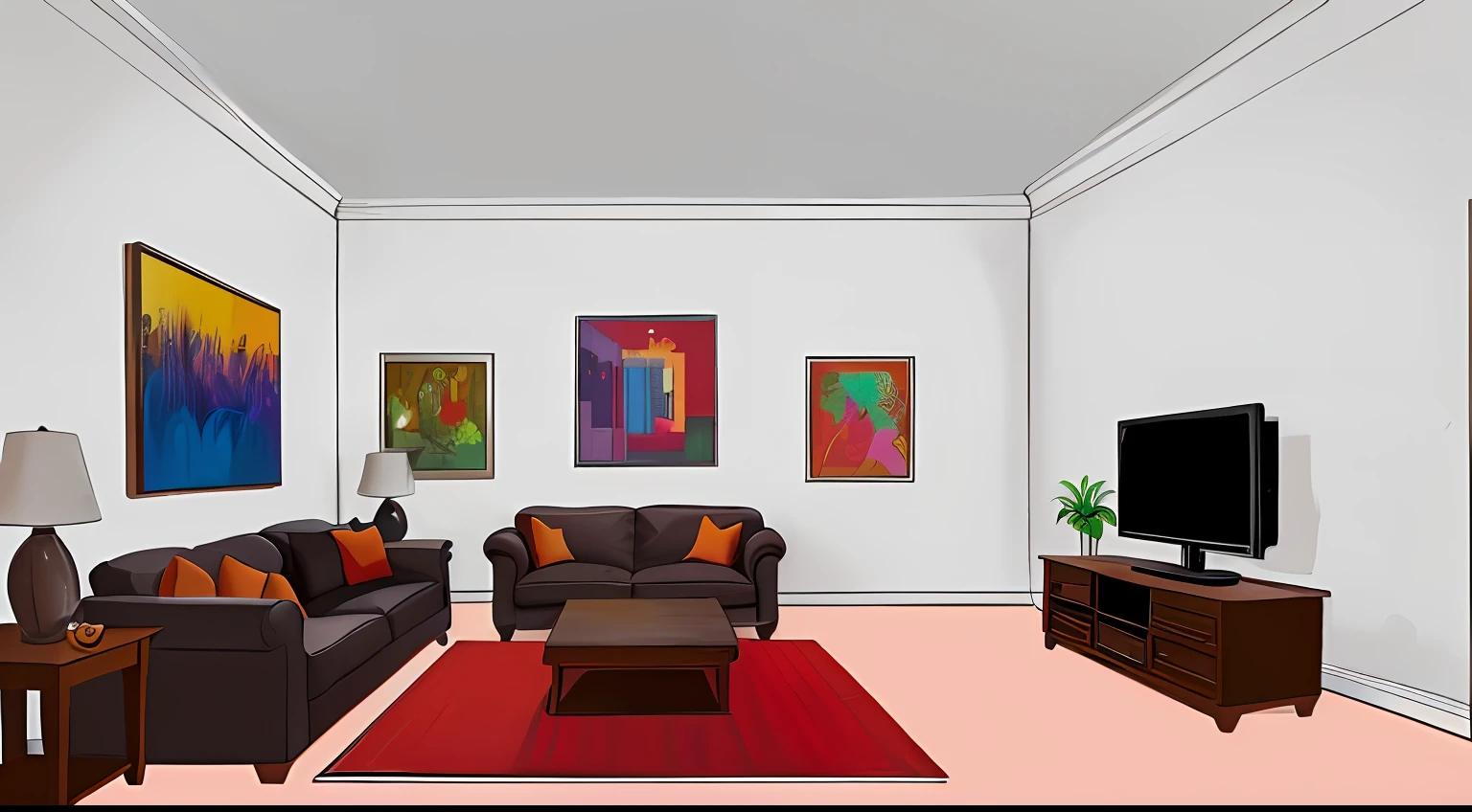 Cartoon drawing of living room with sofa, A Coffee table, and a tv, Painting of the room, interior background art, living room interior, room interior, liveroom, Fundo sala de estar, Have in the living room, interior of a small room, lounge room, Living room, petspective room layout, interior living room