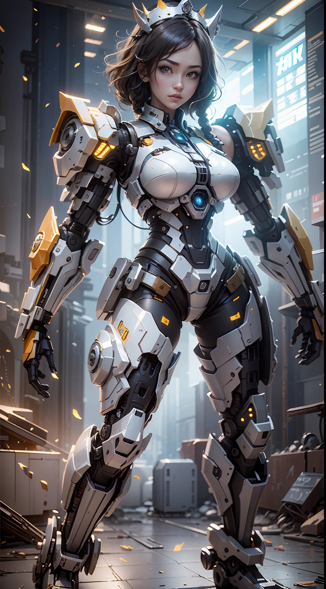 (Best Quality)), ((Masterpiece)), (Very Detailed: 1.3), 3D, master chef-mecha, Beautiful cyberpunk woman wearing crown, with master chef style armor, sci-fi technology, HDR (High Dynamic Range), ray tracing, nvidia RTX, super resolution, unreal 5, subsurface scattering, PBR texture, post-processing, anisotropic filtering, depth of field, maximum sharpness and sharpness, multi-layer texture, Specular and albedo mapping, surface shading,  accurate simulation of light-material interactions, perfect proportions, octane rendering, duotone lighting, low ISO, white balance, rule of thirds, wide aperture, 8K RAW, high efficiency subpixels, subpixel convolution, light particles, light scattering, Tyndall effect, very sexy, full body, battle pose, black hair with braids,