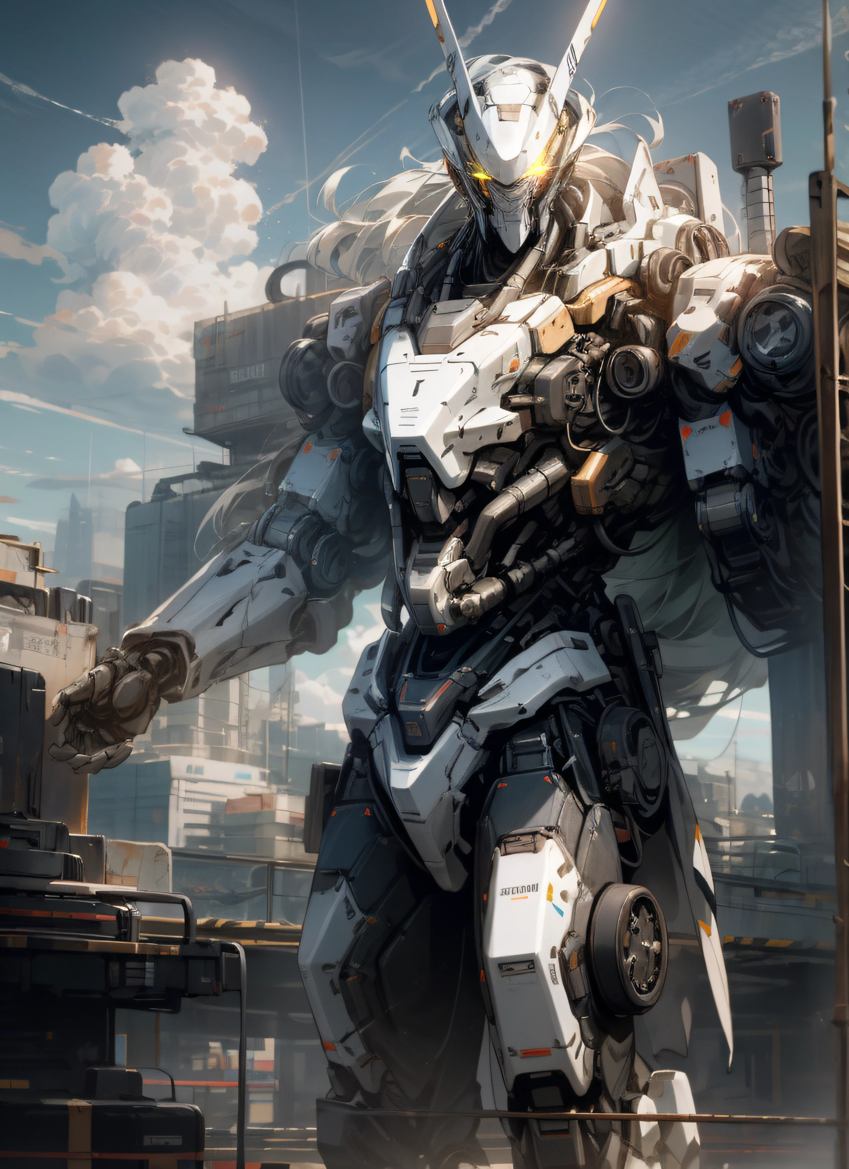 "sky, cloud, holds_weapon, no_human, glowing, robot, building, radiant_eyes, mech, sci-fi, cityscape, realistic, mechanical"