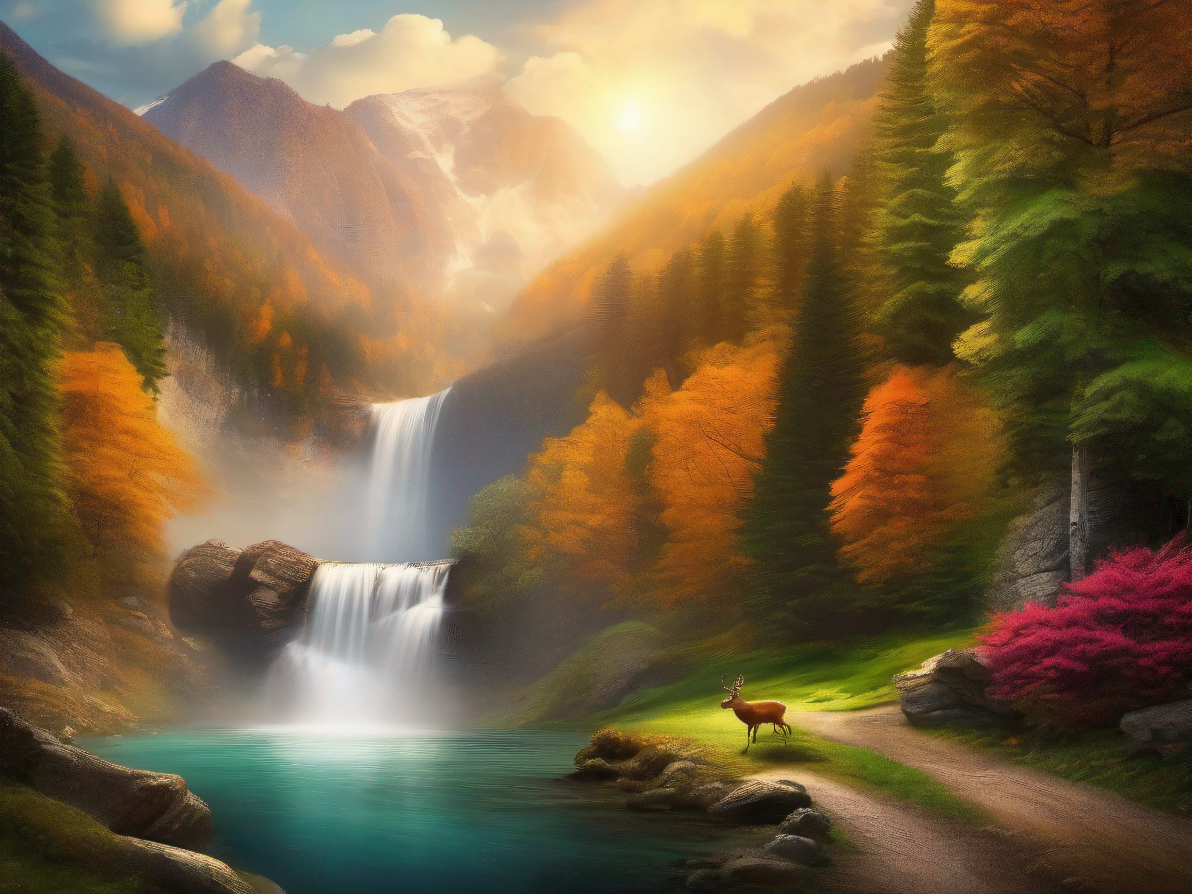 Waterfall in the mountains, vibrant trees, Animals like deer and birds