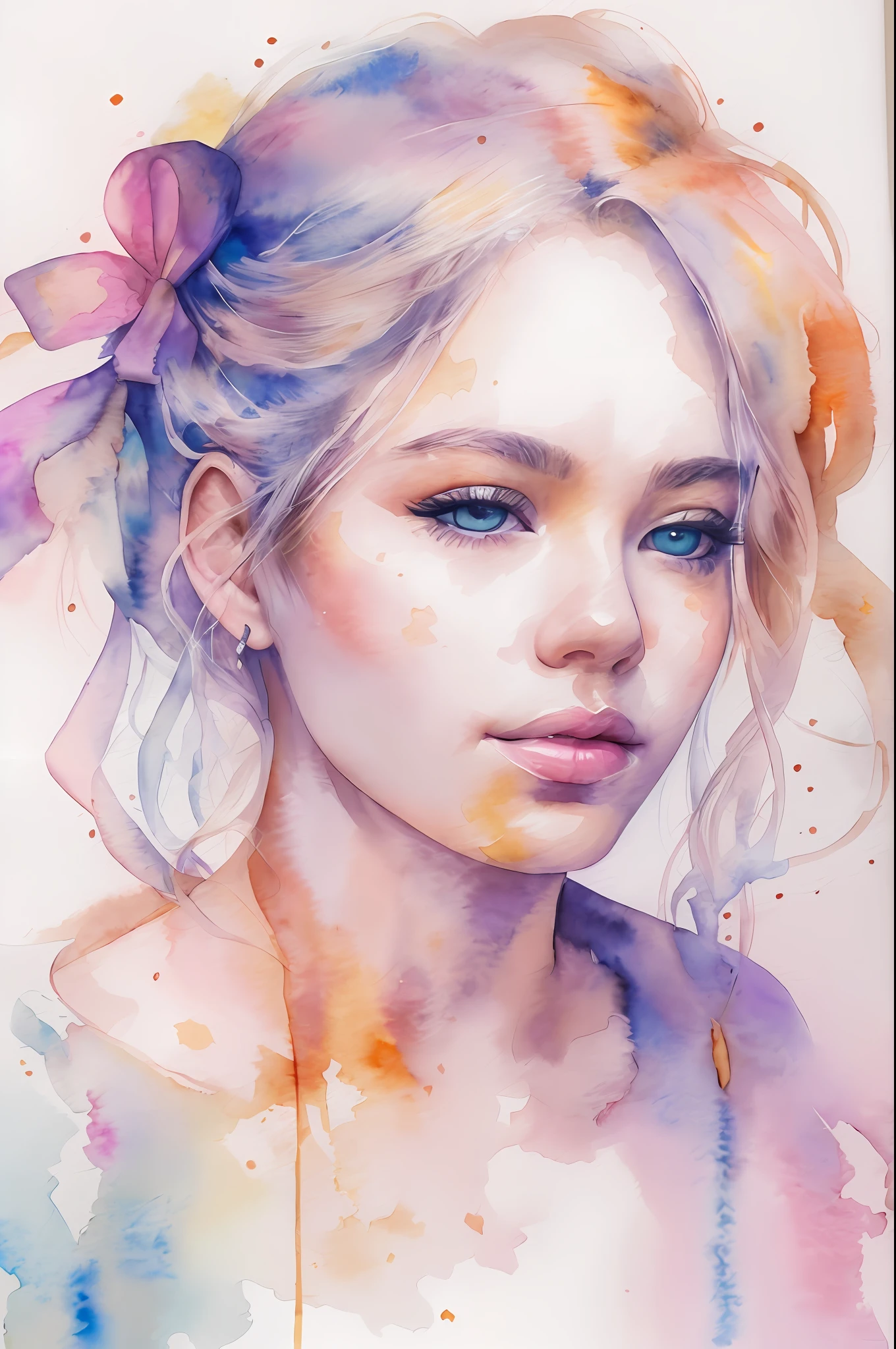 (8k, Best Quality, Masterpiece: 1.2), (Best Quality: 1.0), (Ultra High Resolution: 1.0), Watercolor, Beautiful Woman, Shoulder, Hair Ribbons, Agnes Cécile, Half Body Portrait, Very Luminous Bright Design, Pastel Color, (Ink: 1.3), Autumn Lights