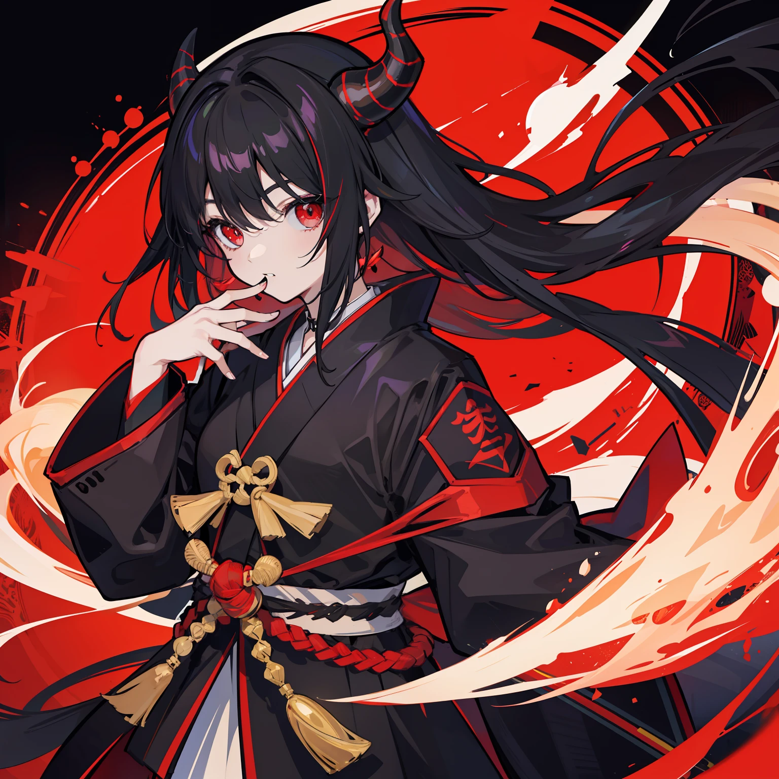 Black hair bundles，Red eyes，RE：0 ghost race，The head has short red horns，Blackn clothes，Holding a Japanese-style taikna，tmasterpiece，Need，ultra HD picture quality