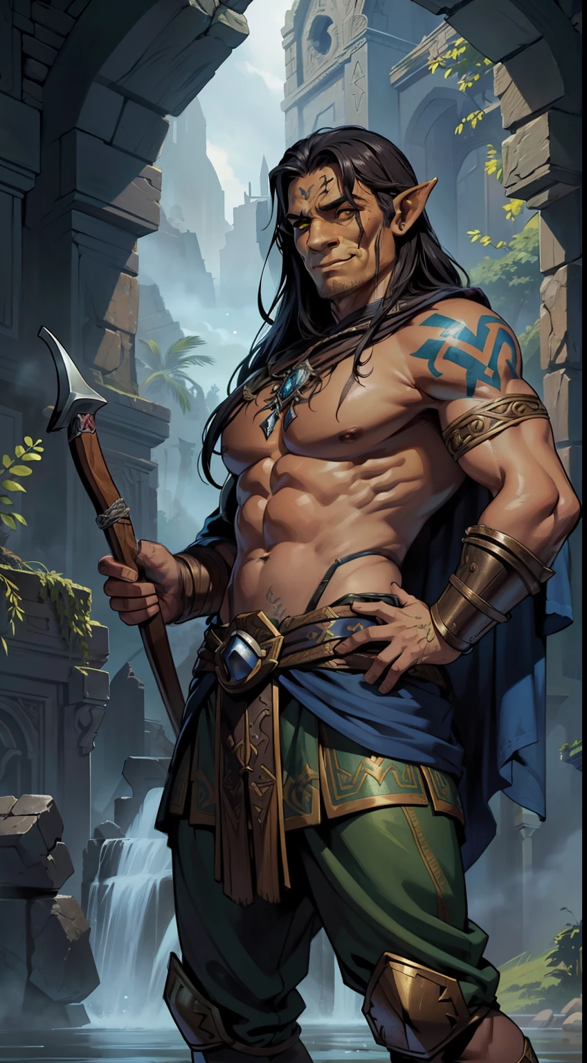 (papel de parede 8k extremamente detalhado:1.2), (melhor qualidade:1.2), (tema aventura e fantasia), perfil (personagem de Paizo Pathfinder RPG e Dungeons & dragons), ((((1orc homem)))), jovem, muito bonito, foco afiado, (subsurface scatter:1.1), fotografia premiada, ((Nordic Skald Class :1.3)), ((tiro de meio corpo:1.1)), rosto centrado, expression serious, runic tattoos, (((pele branca))), sardas no rosto, cabelo moicano castanho escuro, olhos azuis:1.2, sorrindo, wearing Nordic Bardic armor, (Before the Mystical Ruins l:1.3), (fundo muito detalhado:1.2), lighting dramatic