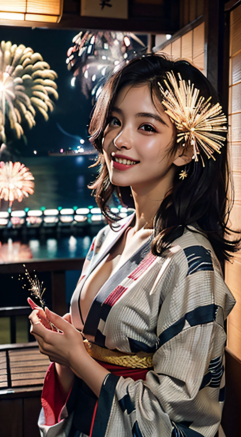 best qualtiy、​masterpiece、photoRealstic、intricate-detail、Raw foto、Photon Rendering、Octane Rendering、absurderes、ultra-detailliert、A detailed face、Detailed skin、Trending in art stations、8K Masterpiece、lighting like a movie、( (1girl in))、((独奏) ))、CG Social Trends、Plastic En、((Black Long Hair))、((Beautuful Women))、(A smile)、Upper teeth、Fashionable、Hair that flutters in the wind、((Flowing hair))、fashion magazine、((A sexy))、((lighting like a movie)、((indirect lighting)、、(ssex)、Grinning、(View from a distance)、((Festival of Japan))、Kimono、((Fireworks Festival))、((ryokan))