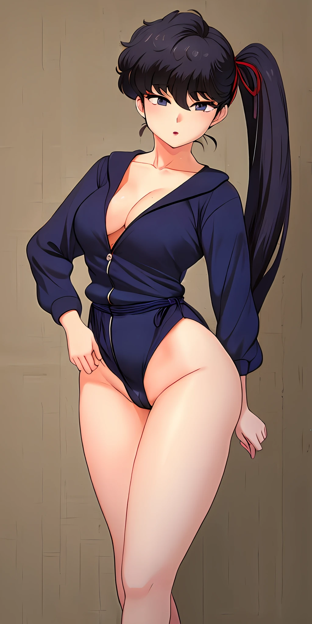 panties pulled aside , Kodachikunou, 1girl,1boy, solo, nsfw, KodachiKunou, solo, standing, large_breasts, jumper V Neck Onesie Pajamas Jumpsuit Romper Bodysuit with Drop Seat Butt Flap, button ass flap, ((open butt flap)), cameltoe, turned around, presenting butt, showing ass, masterpiece, best quality, detailed face, detailed eyes, highres,