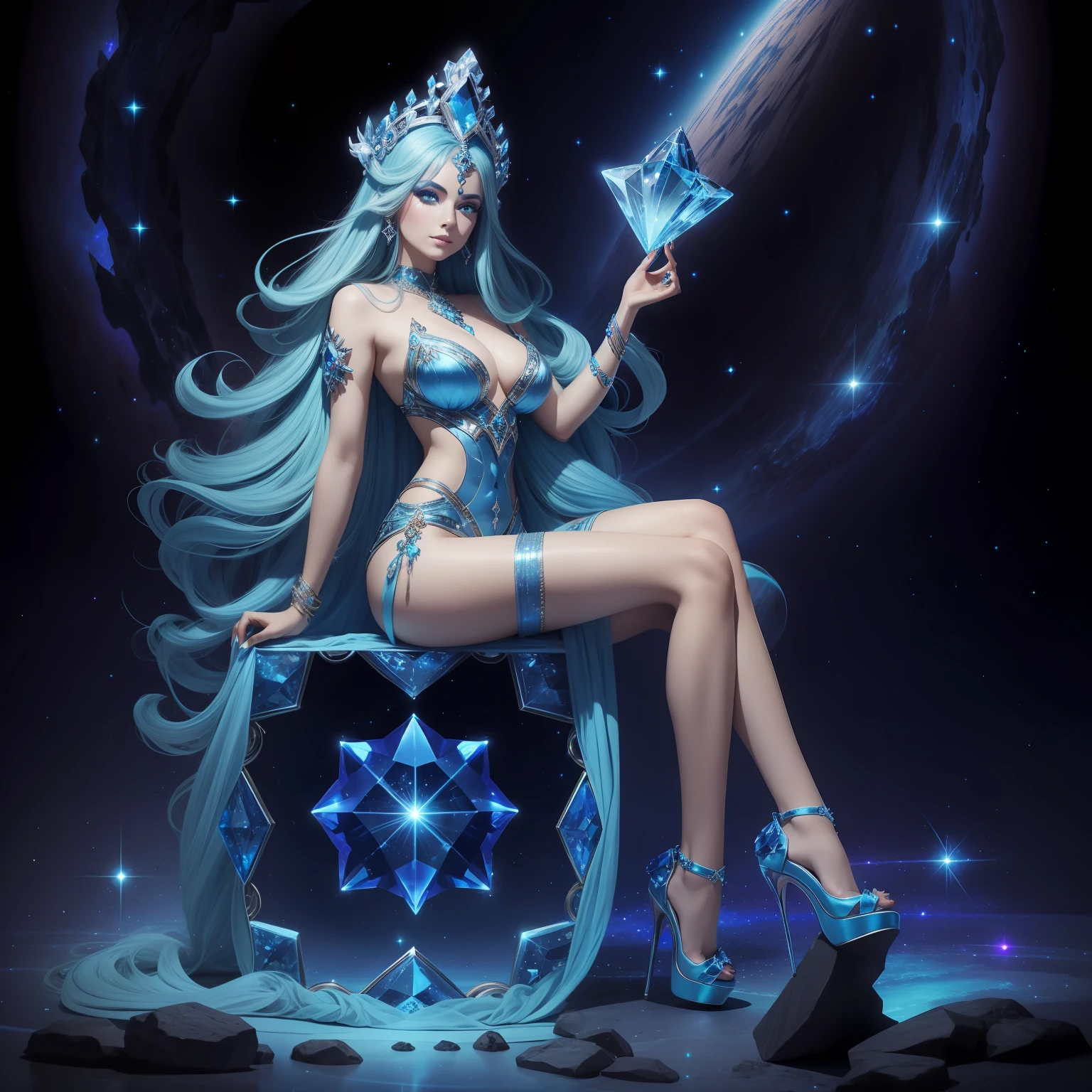 Cosmic Goddess, blue skin, crystals, Space in the background, beautiody, highheels.