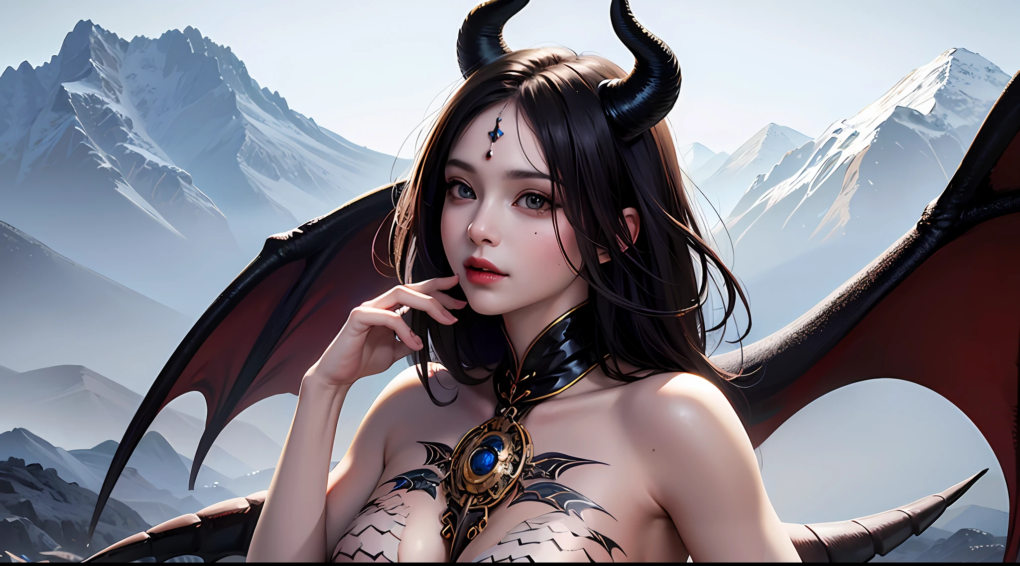 a matural female,whaite hair,Dragon's horn,Bat wings,Tattooed with,magia,magnificent robe,complex patterns,snow mountains,(skin indentation:1.5), realisticlying, realisticlying, (Masterpiece:1.5), concept-art, intricately details, highly detailed, realisticlying, rendering by octane, 8K, unreal-engine, dynamicposes, Best quality at best, A high resolution, (photorealiscic face:1.1), (Hyper-realistic:1.1), perfect eyes,(shiny skins:1.2), Radiant force, smog, magia, ((Dramatic)), Epic, battlefiled, depth of fields, Background bokeh, 4K, ashes, Particle,