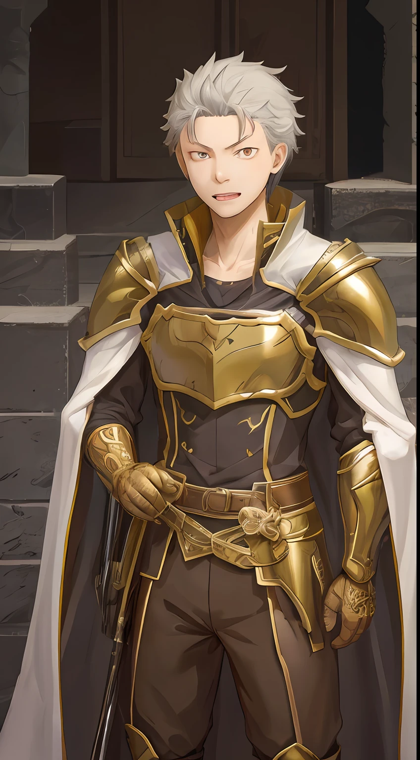 （1 Adult male），A high resolution， Sharp focus， Pixiv masterpiece， （（Complicated details））， highly  detailed， natsuki_subaru， 1 man， with her mouth open，drools，full bodyesbian， Golden eyes（eyes glowing）， with short white hair，Armour，cloaks，Shoulder armor，perspire，look from down