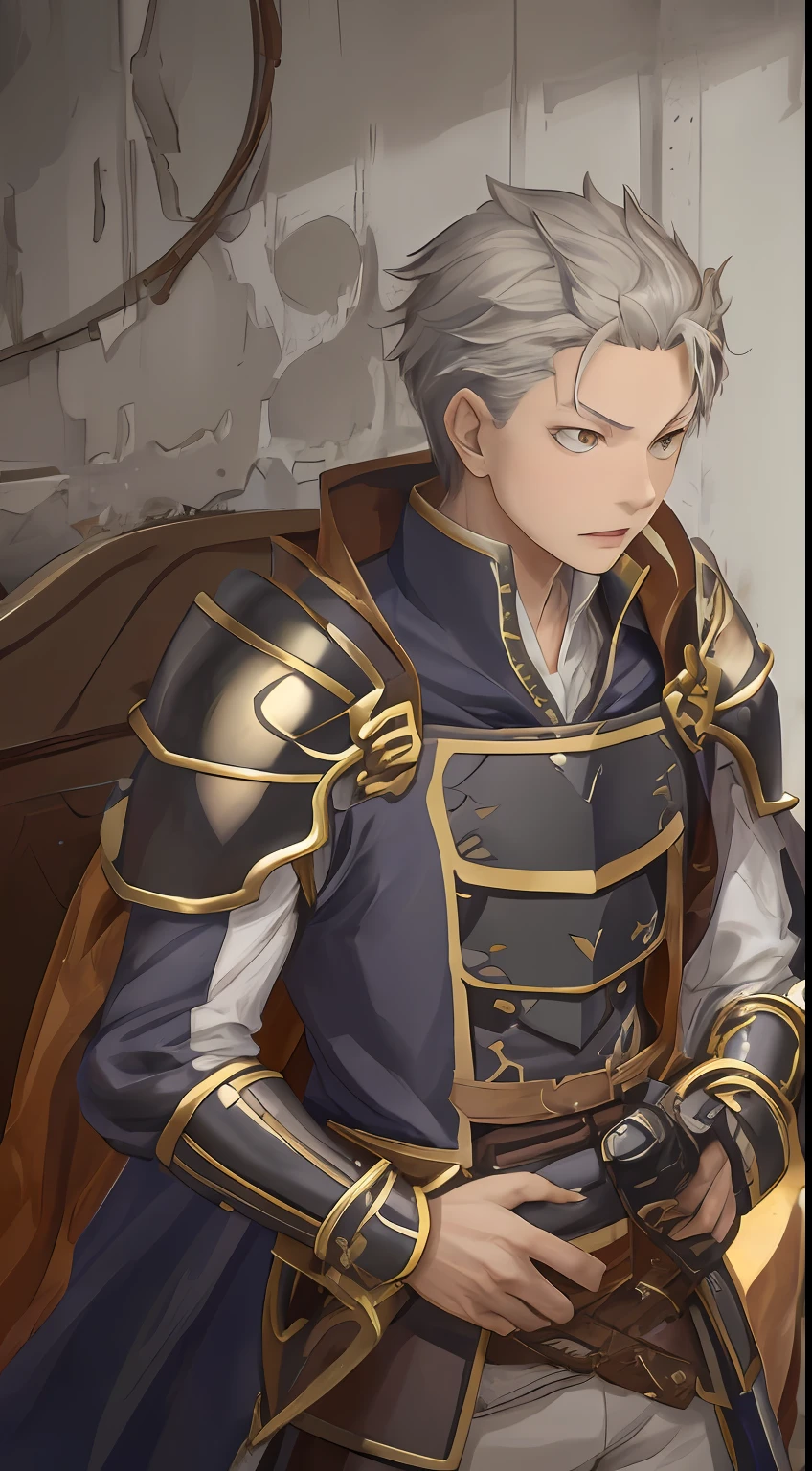 (1 Adult male),A high resolution, Sharp focus, Pixiv masterpiece, ((Complicated details)), highly detailed, natsuki_subaru, 1 man, with her mouth open,drools,full bodyesbian, Golden eyes(eyes glowing), with short white hair,Armour,cloaks,Shoulder armor,perspire,look from down