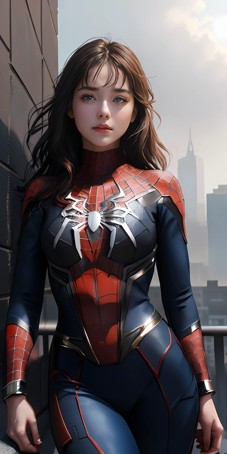 (1girl:1.3), Solo, (((Very detailed face)))), ((Very detailed eyes and face)))), Beautiful detail eyes, Body parts__, Official art, Unified 8k wallpaper, Super detailed, beautiful and beautiful, beautiful, masterpiece, best quality, original, masterpiece, super fine photo, best quality, super high resolution, realistic realism, sunlight, full body portrait, amazing beauty, dynamic pose, delicate face, vibrant eyes, (from the front), She wears Spider-Man suit, red and black color scheme, spider, very detailed city roof background, rooftop, overlooking the city, detailed face, detailed complex busy background, messy, gorgeous, milky white, highly detailed skin, realistic skin details, visible pores, clear focus, volumetric fog, 8k uhd, DSLR, high quality, film grain, fair skin, photo realism, lomography, futuristic dystopian megalopolis, translucent