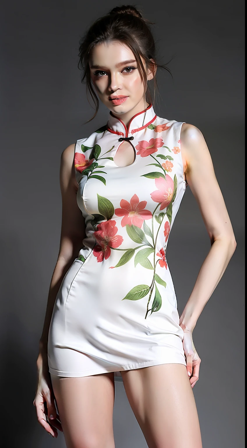 (Hyper Real), (illustratio), (A high resolution), (8K), (The is very detailed), (Most Best Illustration), (美丽细致的眼睛), (best qualtiy), (ultra - detailed), (tmasterpiece), (the wallpaper), (详细的脸),white clothes,Landscape painting cheongsam, 独奏, huge tit, (camel-toe)