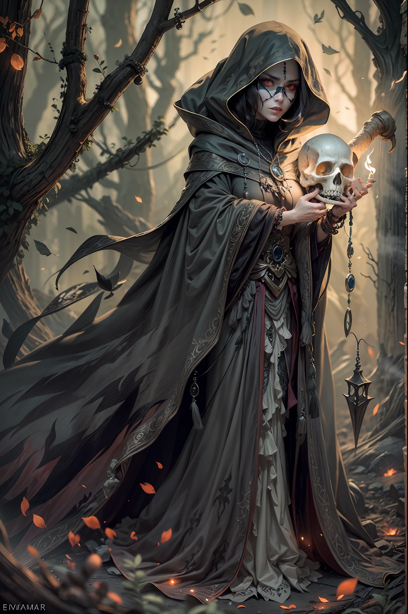 BREAK, master piece,Best quality, hyper detailed,8K resolution, octane render, bioluminescent, perfect female anatomy, perfect composition BREAK
Create an image of a strikingly beautiful necromancer dressed in a dark cloak, holding a bone magic staff with a skull on the top adorned with glowing red eyes. The necromancer emanates a sense of power and intimidation, with a dark aura surrounding her. Her face is pale and serene, with piercing green eyes that seem to glow in the darkness.BREAK
The necromancer's cloak is long and flowing, and it billows behind her as she moves, adding to her mystique. The cloak has intricate black embroidery around the edges, and it shimmers slightly in the low light. Her hands are adorned with silver rings, and her necklace is a black cord with a single black gemstone. BREAK
The bone magic staff is ornately carved, with intricate bone designs and a skull on the top adorned with red glowing eyes. The staff seems to pulse with dark magic and energy, and it gives the necromancer an even greater sense of power and intimidation. BREAK
The background is dark and foreboding, with shadows and mist swirling around the necromancer. The scene exudes a sense of danger and mystery, with the necromancer appearing as both otherworldly and alluring