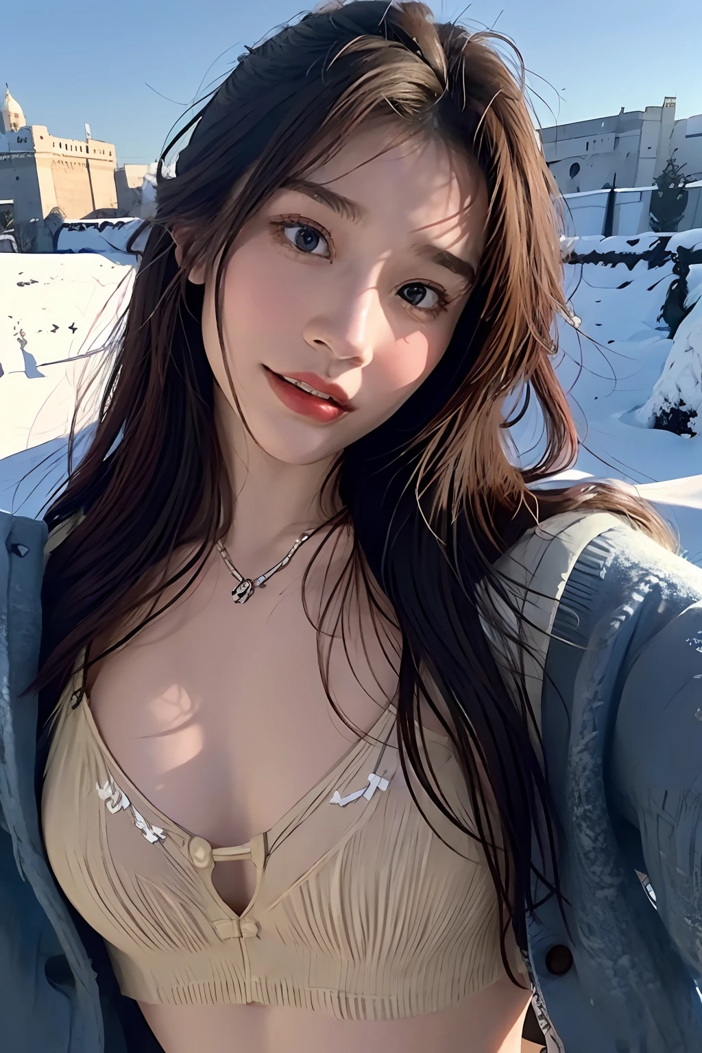 2girls,duo,on the Castel Sant'Angelo fo Roman,navel,winter,snow,crowd,upper body,close-up, 8k, RAW photo, best quality, masterpiece,realistic, photo-realistic,