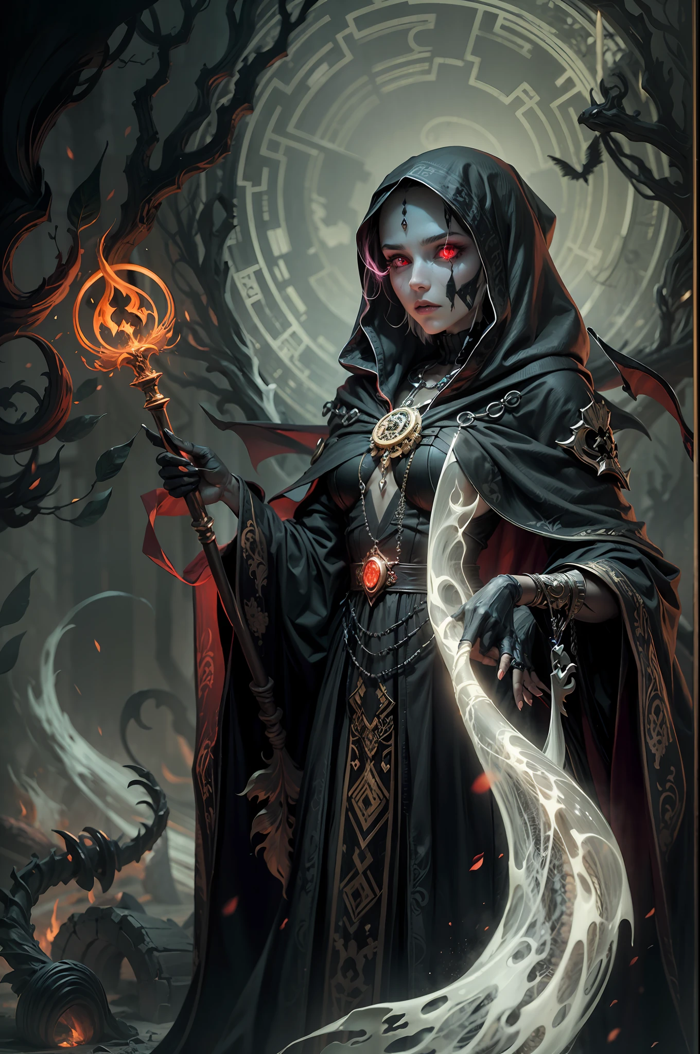 BREAK, master piece,Best quality, hyper detailed,8K resolution, octane render, bioluminescent, perfect female anatomy, perfect composition BREAK
Create an image of a strikingly beautiful necromancer dressed in a dark cloak, holding a bone magic staff with a skull on the top adorned with glowing red eyes. The necromancer emanates a sense of power and intimidation, with a dark aura surrounding her. Her face is pale and serene, with piercing green eyes that seem to glow in the darkness.BREAK
The necromancer's cloak is long and flowing, and it billows behind her as she moves, adding to her mystique. The cloak has intricate black embroidery around the edges, and it shimmers slightly in the low light. Her hands are adorned with silver rings, and her necklace is a black cord with a single black gemstone. BREAK
The bone magic staff is ornately carved, with intricate bone designs and a skull on the top adorned with red glowing eyes. The staff seems to pulse with dark magic and energy, and it gives the necromancer an even greater sense of power and intimidation. BREAK
The background is dark and foreboding, with shadows and mist swirling around the necromancer. The scene exudes a sense of danger and mystery, with the necromancer appearing as both otherworldly and alluring