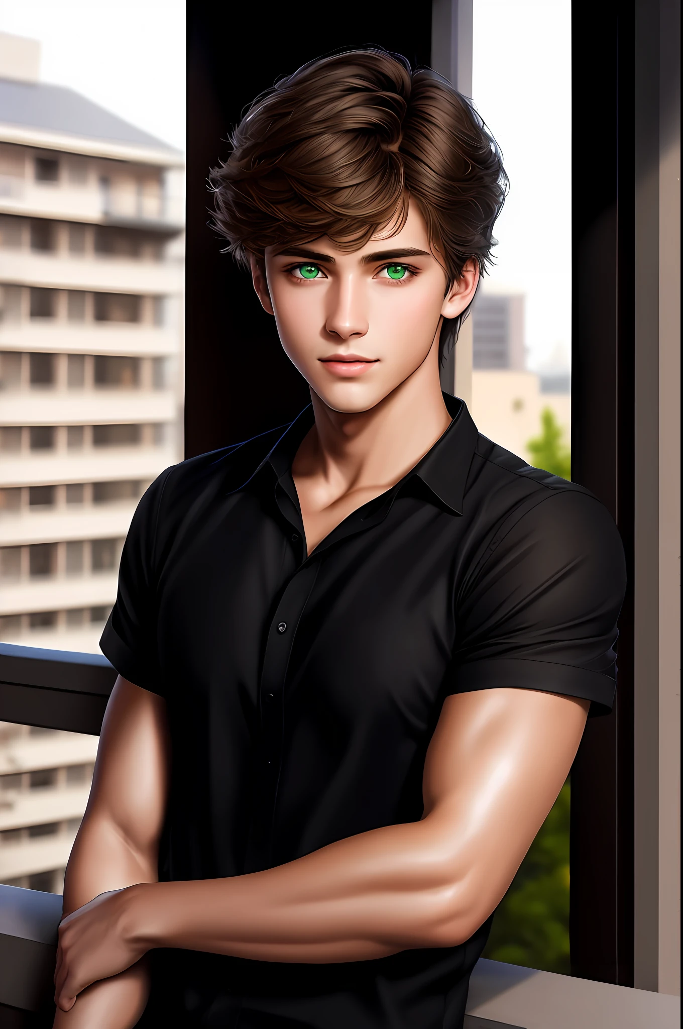 bright green eyes, most beautiful smile in the world, passionate look,light brown hair, man in a black BLOUSES posing on a balcony, render photorealistic anime boy, cute model boy, realistic blue 3 d render, deviantart artstation cgscosiety, cute boy model, photorealistic body, beautiful anime man, photorealistic art style, very realistic digital art, photorealistic digital painting, gorgeous digital painting, extreamemente handsome boy, strong boy, he's a teenager, he's 14, he's young, ultra-realistic