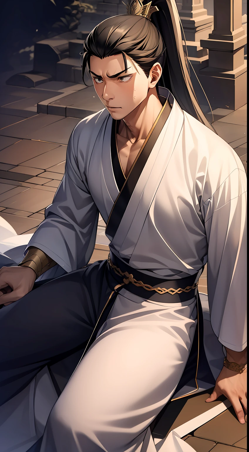 quadratic element,style of anime,mtu(Male Warrior),The proportions are correct,Face details,swordsmen,High ponytail hairstyle,Neck details,There is an Adam's apple,Black Hanfu,kaftan,Embroidered robes,Black robe,clothes details,Handing over,longer sleeves,Game quality,Swordsmanship,Light and shadow tracking,Ray traching,detailed glow,cg render,hair detail,long white hair,Black eyes,Handsome,Handsome,(juvenile sense),Clothing is complicated,Perfectcomposition,Refinement,high qulity,higher details,Lots of details,The background is complex,a sense of atmosphere,