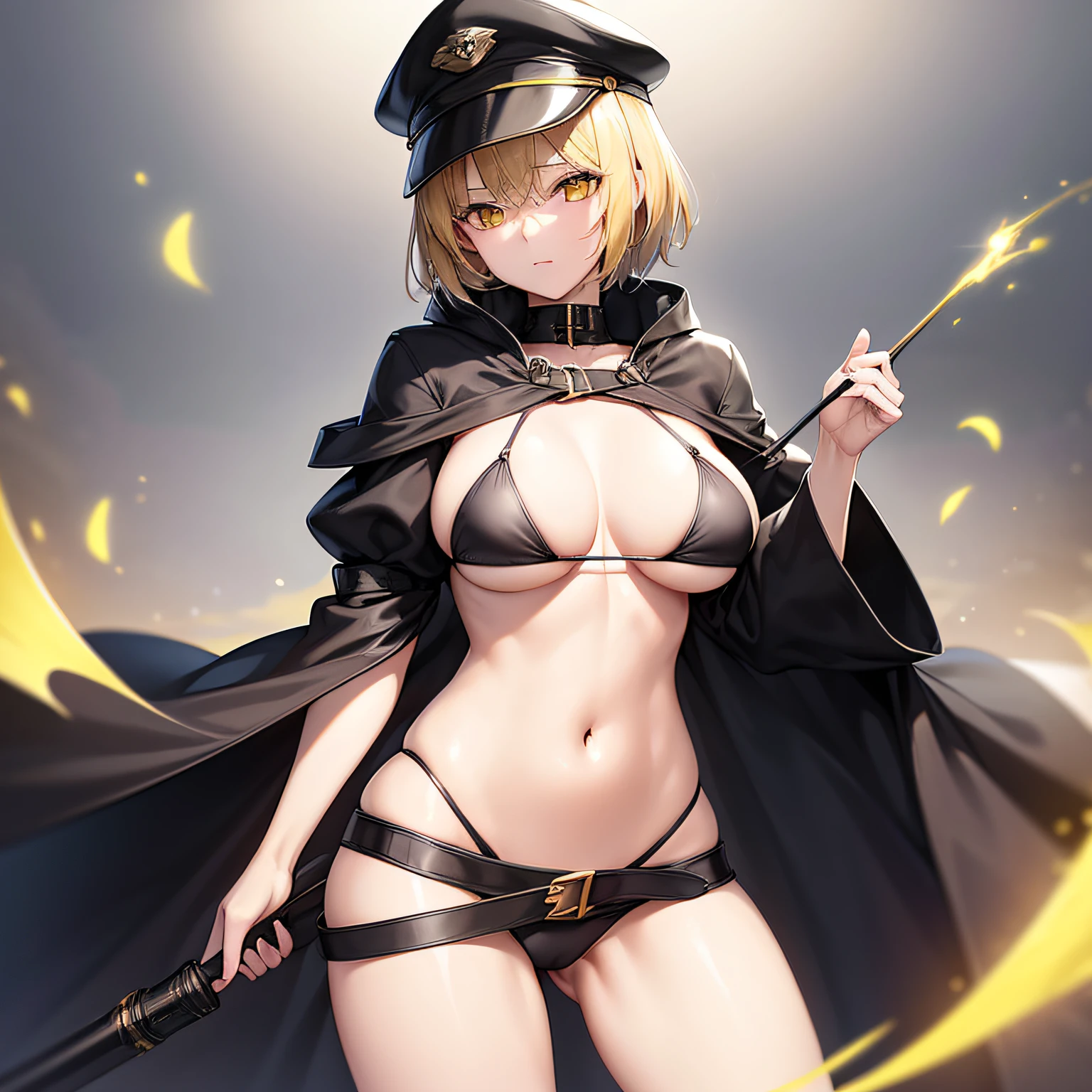 top-quality、extremely delicate and beautiful、(One lady)、Wearing a black cloak。Colossal tits、Black Bikini Bra、（(Yellow military cap)）、Thunder properties、a blond、short-haired、Yellow eyes、Navel、Black miniskirt、Belt at waist