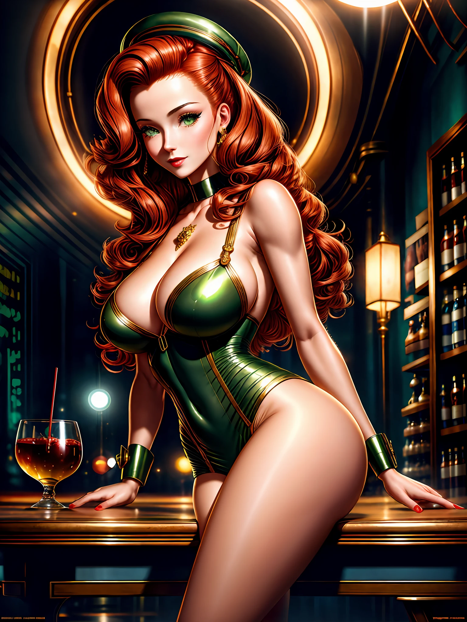 (masterpiece, top quality, best quality, official art, beautiful and aesthetic:1.2), beautiful woman in a hat with red hair sitting at a table with a drink, 1 9 4 0 s old hollywood, vintage, dressed like in the 1940s, realistic, vintage movie shot, film style, in her early 20s, sexy girl, sexy pose, red hair, beautiful green eyes, and a perfect body, 8 k hd detailed oil painting, stunning woman