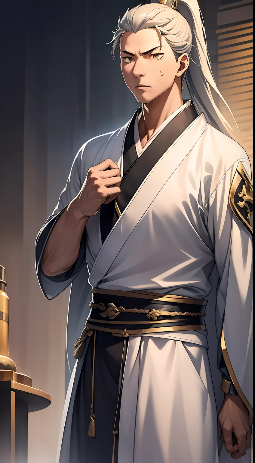 quadratic element,style of anime,mtu(Male Warrior),The proportions are correct,Face details,swordsmen,High ponytail hairstyle,Neck details,There is an Adam's apple,Black Hanfu,kaftan,Embroidered robes,Black robe,clothes details,Handing over,longer sleeves,Game quality,Swordsmanship,Light and shadow tracking,Ray traching,detailed glow,cg render,hair detail,long white hair,Black eyes,Handsome,Handsome,(juvenile sense),Clothing is complicated,Perfectcomposition,Refinement,high qulity,higher details,Lots of details,The background is complex,a sense of atmosphere,