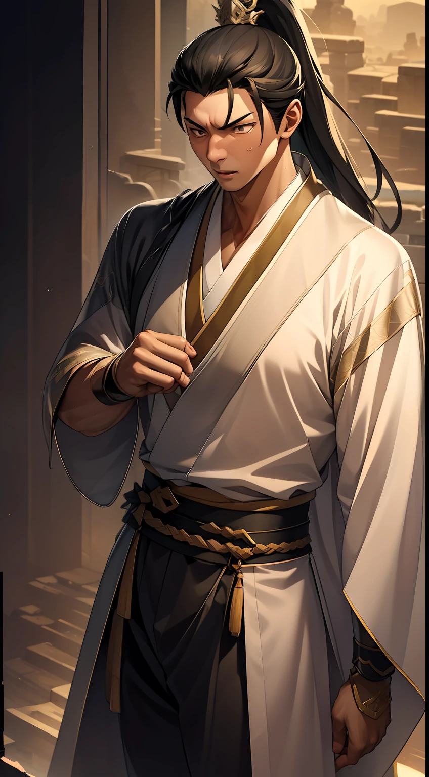 quadratic element,style of anime,mtu(Male Warrior),The proportions are correct,Face details,swordsmen,High ponytail hairstyle,Neck details,There is an Adam's apple,Black Hanfu,kaftan,Embroidered robes,Black robe,clothes details,Handing over,longer sleeves,Game quality,Swordsmanship,Light and shadow tracking,Ray traching,detailed glow,cg render,hair detail,long white hair,Black eyes,Handsome,Handsome,(juvenile sense),Clothing is complicated,Perfectcomposition,Refinement,high qulity,higher details,Lots of details,The background is complex,a sense of atmosphere,