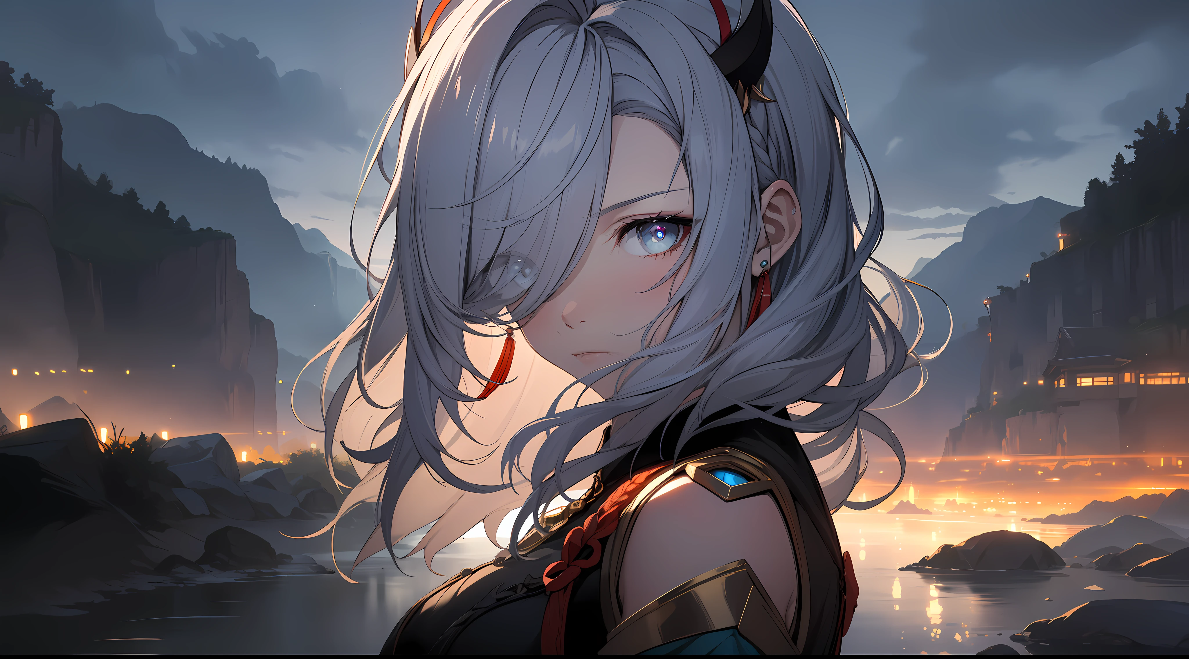 shenhedef, upper body, serious expression, blush, outdoors, night, liyue house background, dark moon sky, short hair, sky, beautiful nature surrounding near canyon, looking at viewer, mountain, moody lighting, (perfect detail eyes:1.2), glowing eyes, (long hair one braid:1.2),
(Masterpiece, Best Quality, High Quality:1.4), professional artwork, Intricate Details, field of view, sharp focus, detailed painting, photorealistic lighting, trending on pixiv, (vivid lighting, vibrant colors:1.05), realistic shadows, ambient occlusion,