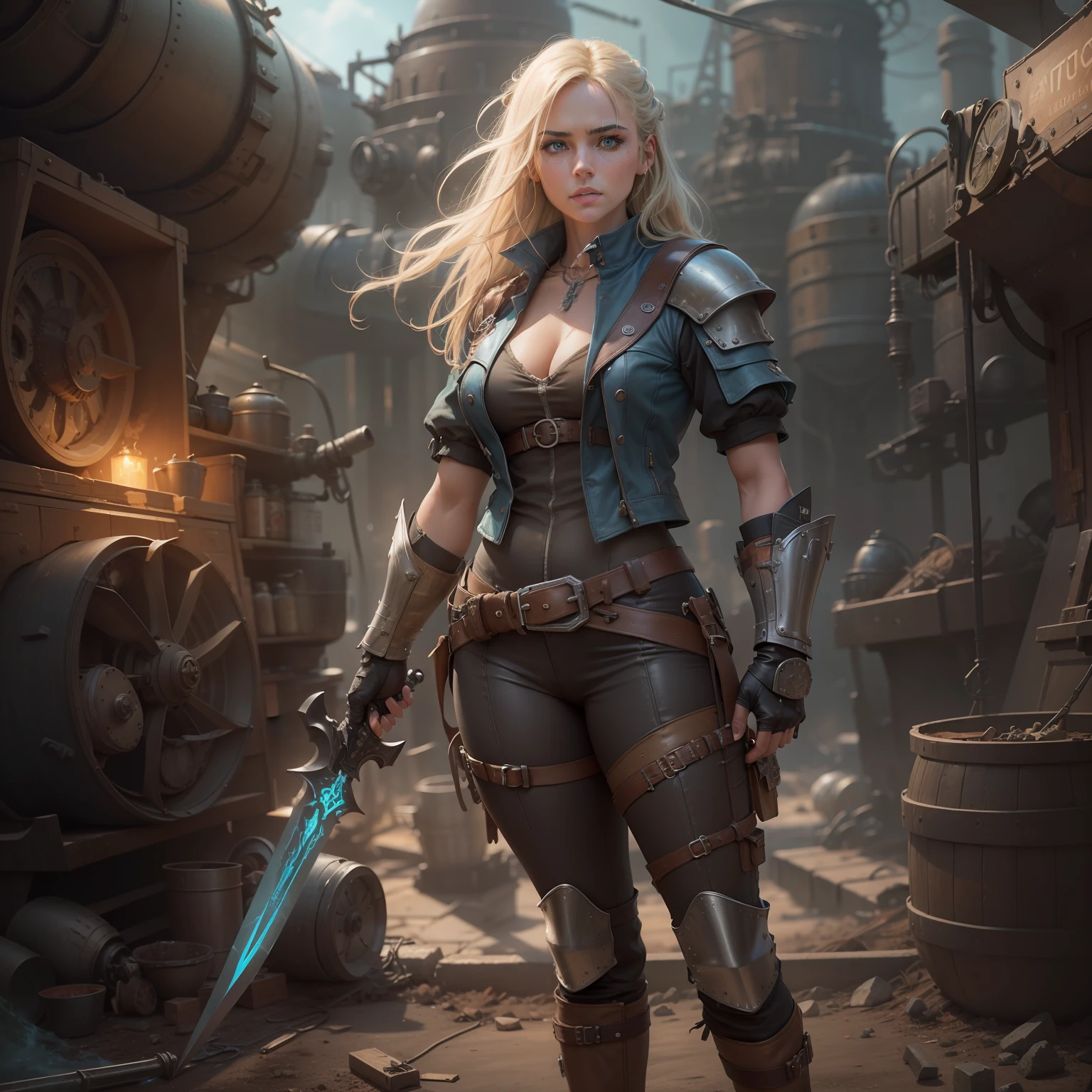 a European girls, solo, Blonde, tanned skin, cold-looking blue eyes, thin face, ripped body, wearing leather armor, leather legging, highnoon boots, carry a sword by waist and 2 pistol behind waist, medival, fantasy knight, realistic shadows, high quality, ultra detailed in 4k, 8k, high resolution,  sharp focus, depth of field, faded, (neutral colors:1.2), (hdr:1.4), (muted colors:1.2), hyperdetailed, (artstation:1.4), cinematic, warm lights, dramatic light, (intricate details:1.1), complex background, (rutkowski:0.66), (teal and orange:0.4)", detailed background, (steampunk theme:1.1) determined expression, technomancer dark couds, floating lights, colorful leather vest with gears, techwear, jetpack, workshop in the background, machines, gears, steam, industry, technology, oven, dirt, anvil, buttons, levers, automaton, electricity, electric sparks epic atmosphere.