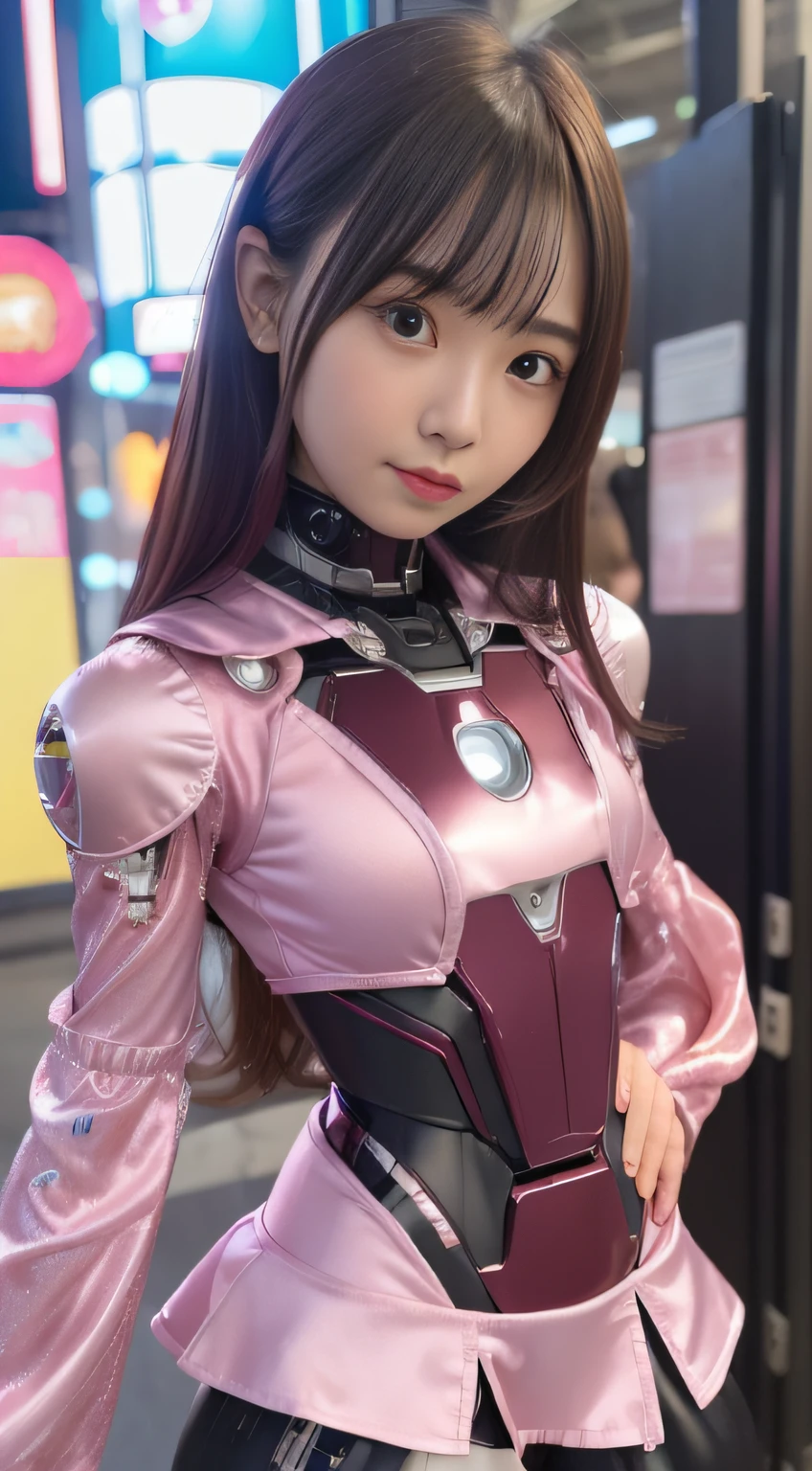 (Photorealsitic:1.4)、Onegirl、(top-quality),(hyperdetailed face)、(Super well-formed face)、((Robot Parts))、(Cyborg girl)、(Burgundy)、(metalic)、(fullllbody)、(sexy  pose)、(Slender body)、(tits out)、(Model body type)、(mecha exposure)、(akihabara)、(is looking at the camera)、(A dark-haired)、(９Head and body)、(a small face)、(Idol)、(front facing)、(is standing)、(Photo session)、(Looks sad)、(Cyborg girl in pink satin dress)、(sleeve less)、(a miniskirt)