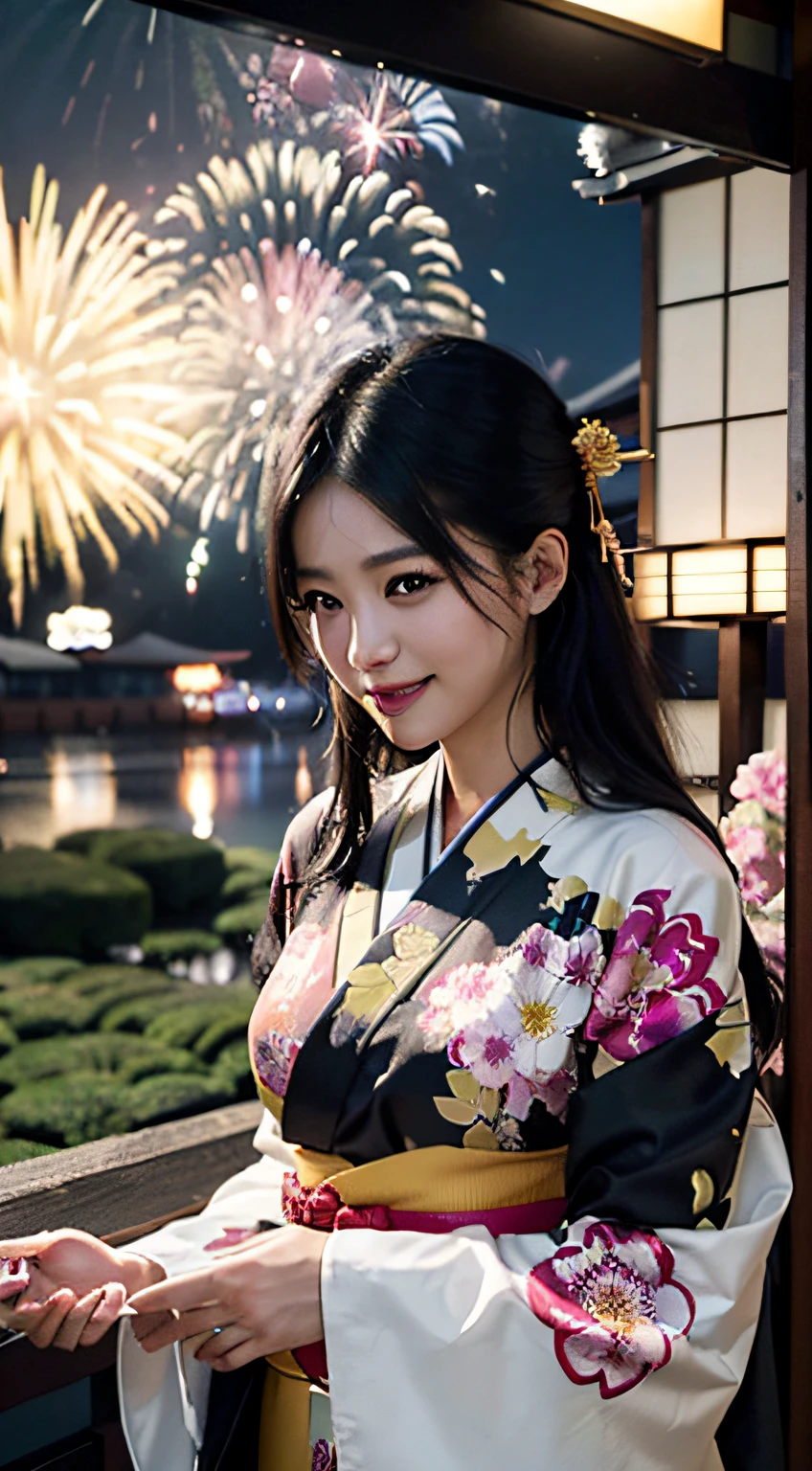 best qualtiy、​masterpiece、photoRealstic、intricate-detail、Raw foto、Photon Rendering、Octane Rendering、absurderes、ultra-detailliert、A detailed face、Detailed skin、Trending in art stations、8K Masterpiece、lighting like a movie、( (1girl in))、((独奏) ))、CG Social Trends、Plastic En、((Black Long Hair))、((Beautuful Women))、(A smile)、Upper teeth、Fashionable、Hair that flutters in the wind、((Flowing hair))、fashion magazine、((A sexy))、((lighting like a movie)、((indirect lighting)、、(ssex)、Grinning、(View from a distance)、((Festival of Japan))、Kimono、((Fireworks Festival))、((ryokan))