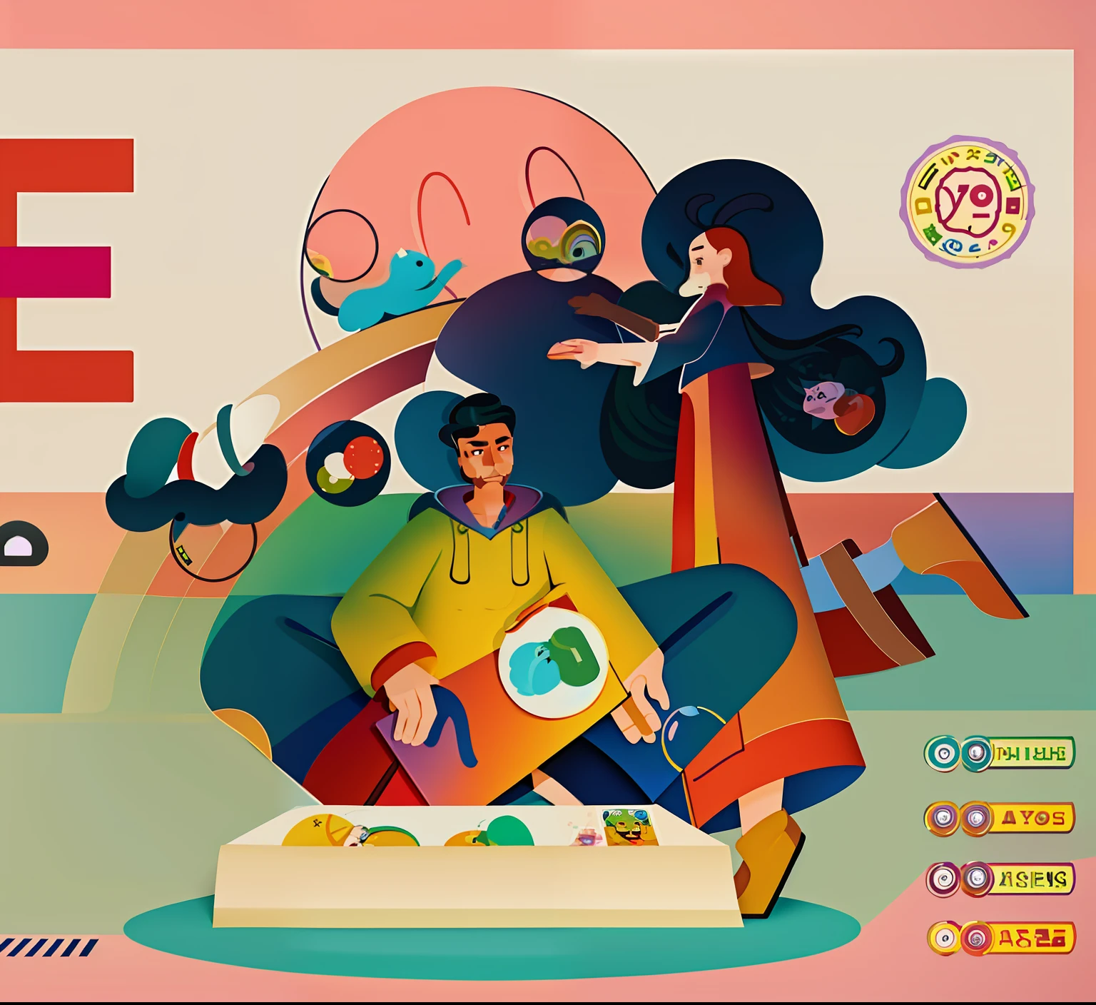 There is a poster,A man and a woman sat on a bench, full page illustration, hand painted cartoon art style, animation illustrative style, editorial illustration colorful, 8 K cartoon illustration, lo-fi illustration style, A beautiful artwork illustration, 2. 5 d illus, Poster illustration, Flat illustration, Colorful illustration, Concept illustration, colorful kids book illustration