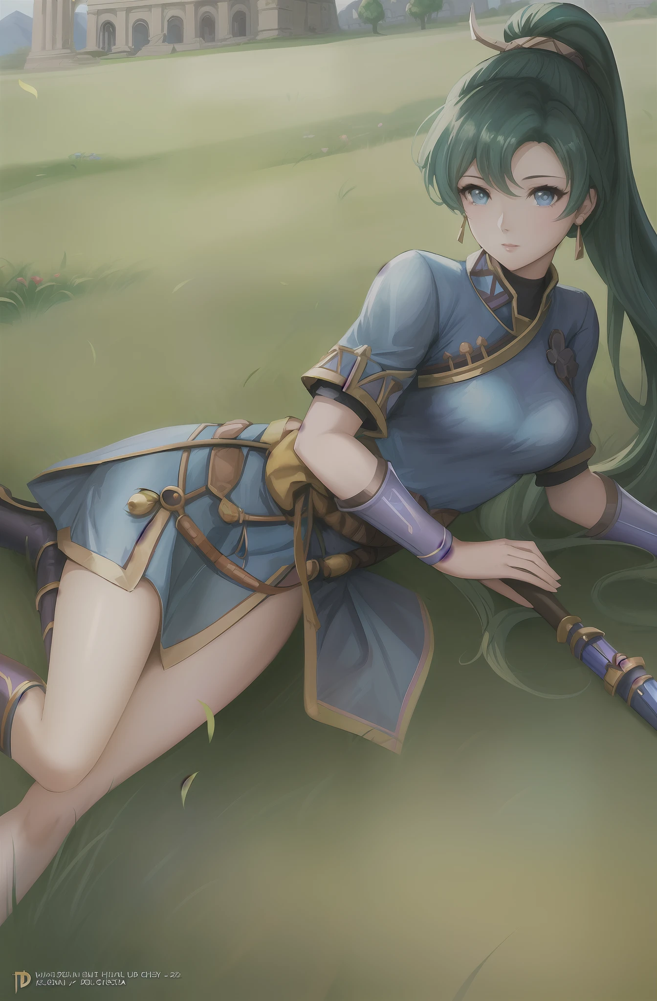 a cartoon picture of a woman in a blue dress standing in a field, senna from league of legends, portrait knights of zodiac girl, cushart krenz key art feminine, qiyana, portrait of chun - li, epic mage girl character, style of duelyst, mighty princess of the wasteland, hero 2 d fanart artsation, ancient ruins behind her