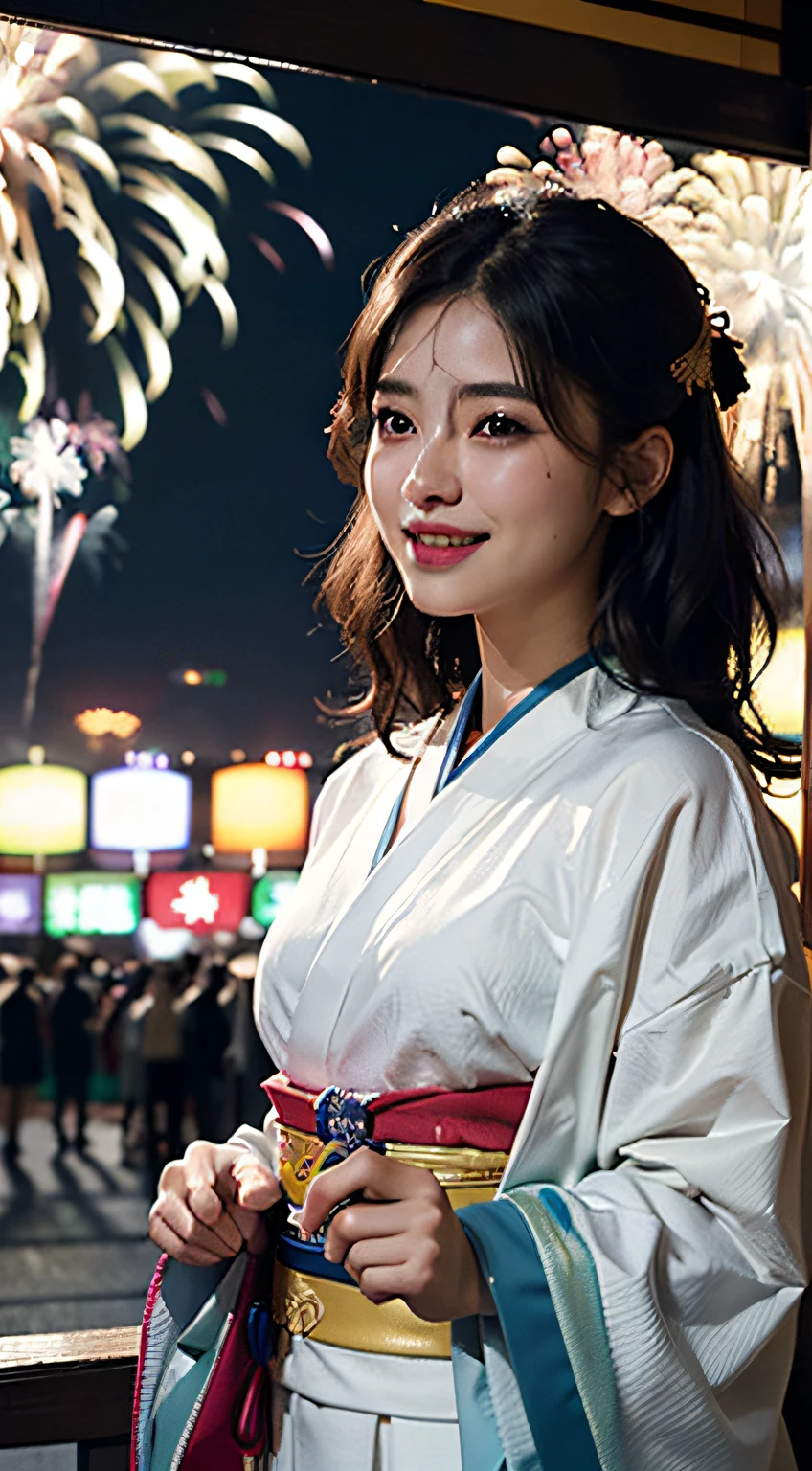 best qualtiy、​masterpiece、photoRealstic、intricate-detail、Raw foto、Photon Rendering、Octane Rendering、absurderes、ultra-detailliert、A detailed face、Detailed skin、Trending in art stations、8K Masterpiece、lighting like a movie、( (1girl in))、((独奏) ))、CG Social Trends、Plastic En、((Black Long Hair))、((Beautuful Women))、(A smile)、Upper teeth、Fashionable、Hair that flutters in the wind、((Flowing hair))、fashion magazine、((A sexy))、((lighting like a movie)、((indirect lighting)、、(ssex)、Grinning、(View from a distance)、((Festival of Japan))、Kimono、((Fireworks Festival))、((ryokan))