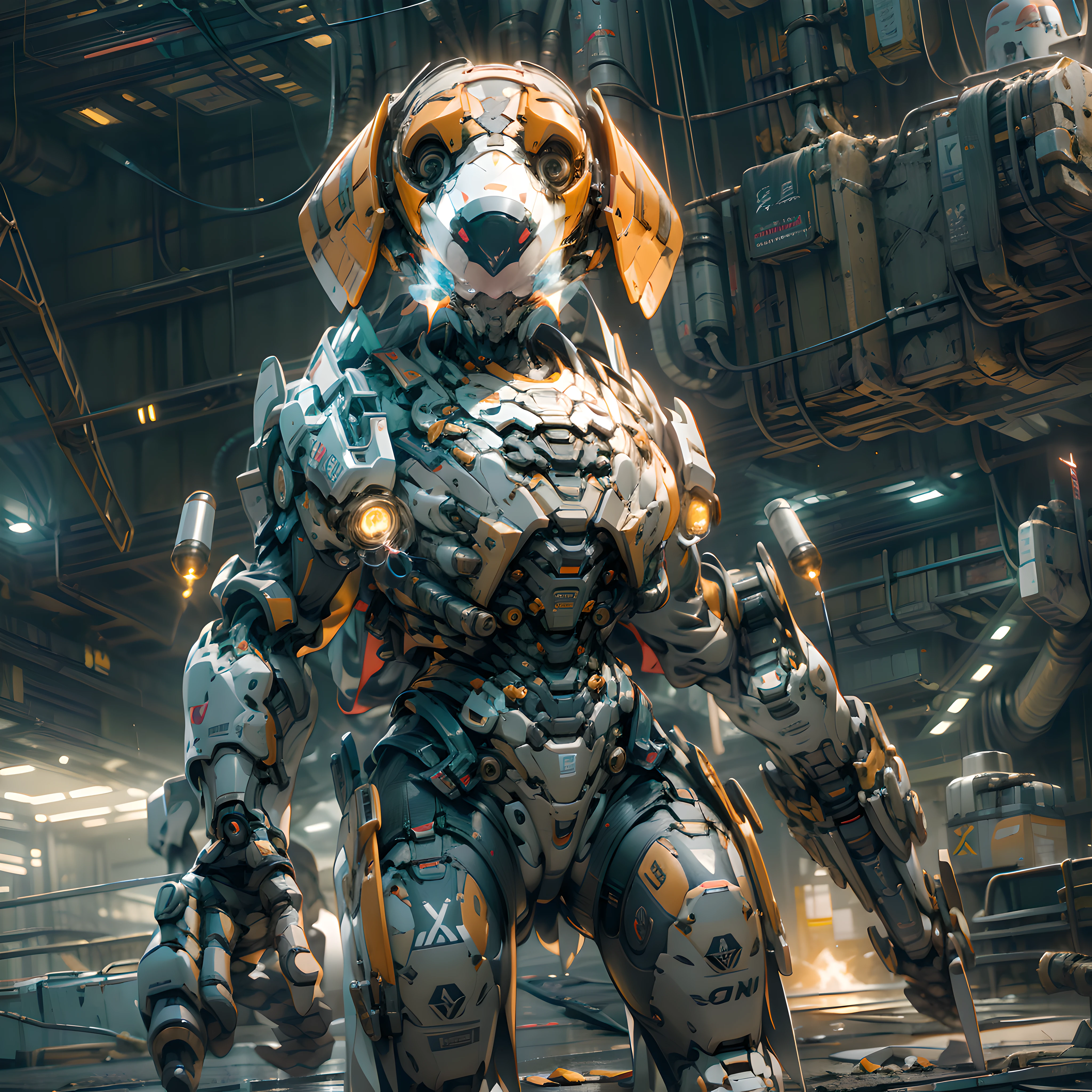 Keep the beagle face, Masterpiece, Particle-propellant rockets, High Detail Robot Armor, 3d rendered, Institute Background, hoog detail, Crisp background, (Ultra-high-definition illustration), (extremaly detailed cg), digital painting, A wide range of weapons, HDR, unreal-engine, Octane rendering, Sharp every detail, The ultra-Highres