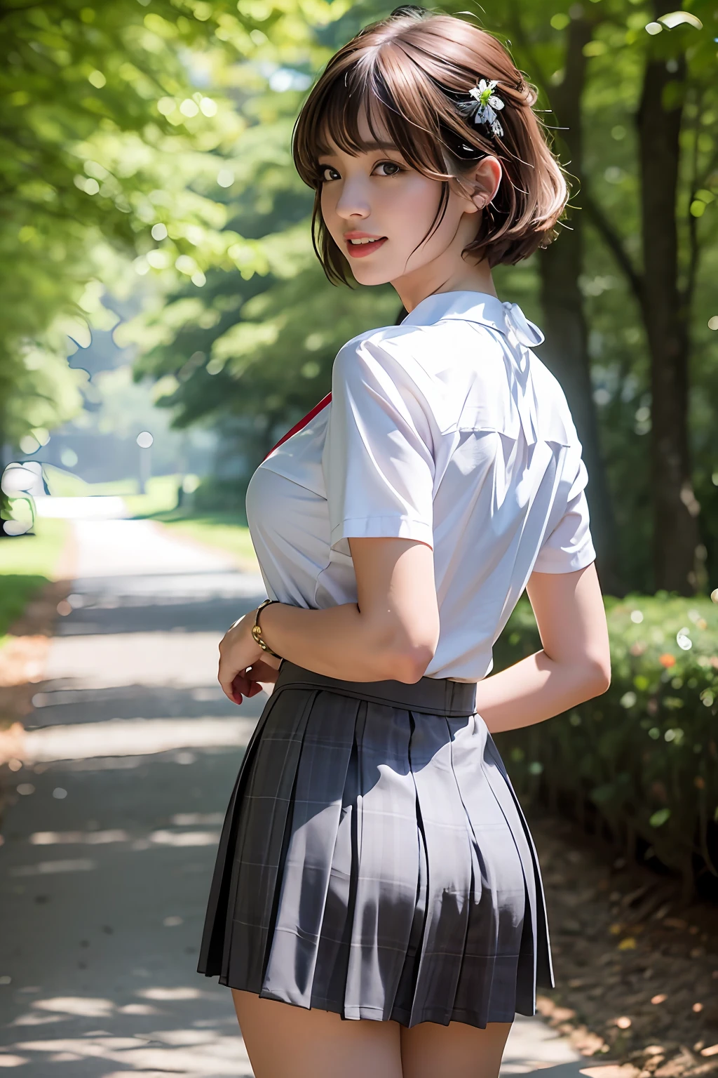 nsfw, 8K raw photo, Best quality, masterpiece, ultra high res, film grain, filmg, 1girl, looking at viewer, natural skin texture, realistic eye and face details, full lips, lipstick, (makeup), red eyeshadow, fluffy short hair, messy hair, smile, close mouth, beautiful legs, tall female, skinny, slim_legs, solo, cleavage, Pose with buttocks facing you, ultra short skirt, ass, shirt, beautiful nature location, around flower location, (detailed background), plaid skirt, white shirt, cleavage, Show a little cleavage through the shirt, loafers, blurry background, blurry, holding, plaid, short sleeves, jk ribbon on the neck, jk ribbon, brown hair, bracelet, water, bangs, school uniform, jewelry, parted lips, lips, from side, pleated skirt, depth of field